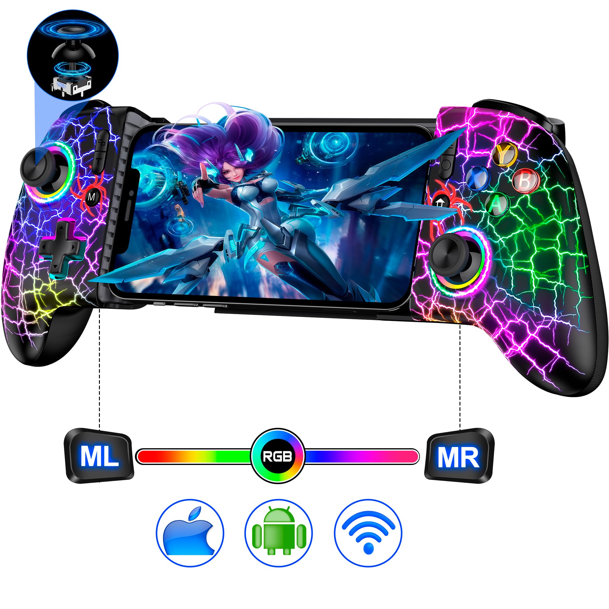Mobiler Gaming-Controller, Smartphone-Controller für iPhone/Android-Handheld-Gaming mit programmierbaren/Hall-Effekt-Joysticks & analogen Triggern/anpassbarer Beleuchtung/Turbo