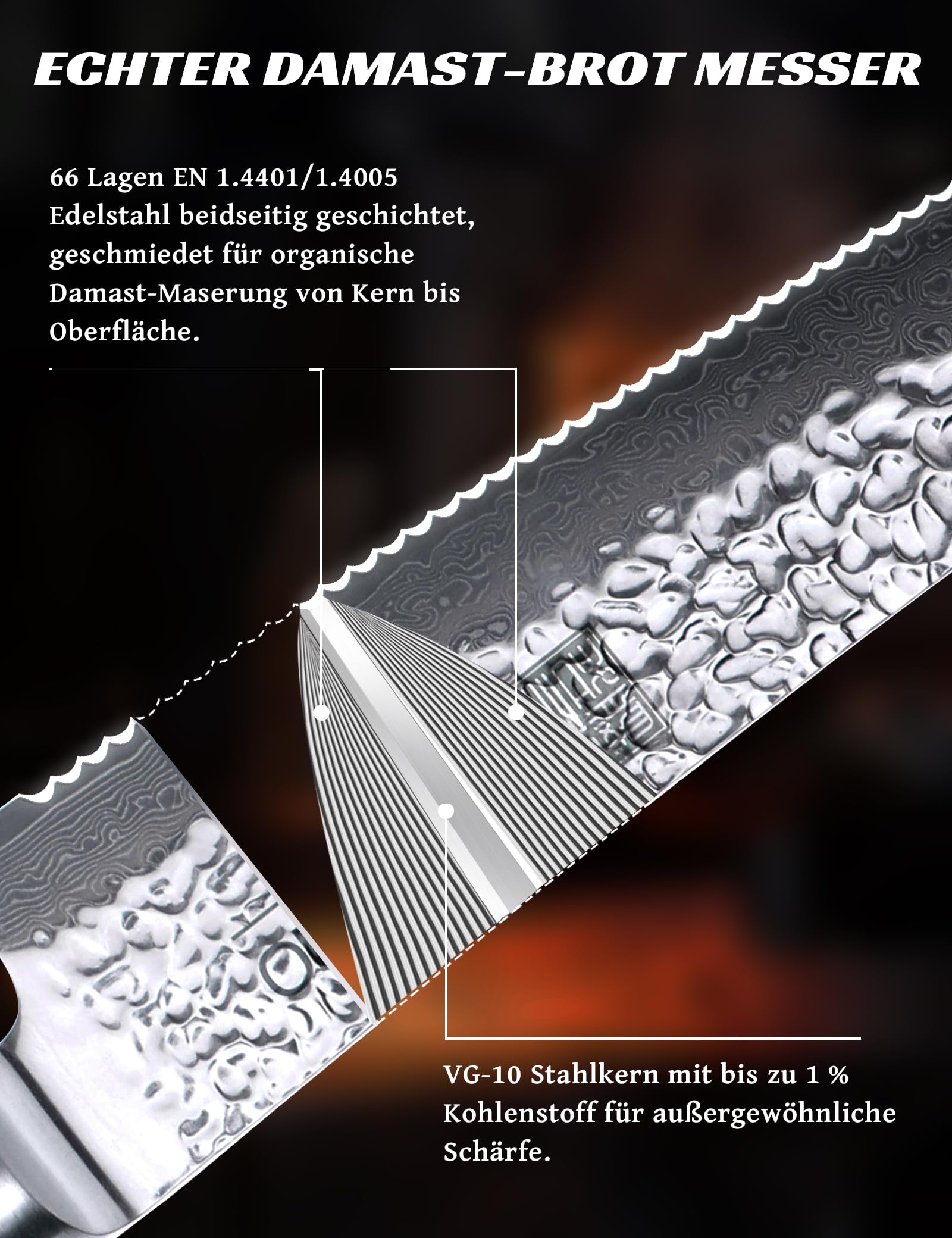 Japanisches Brotmesser Wellenschliff 26 cm, VG-10 Damaststahl-Klinge mit Extra Langer Schärfe, Perfekter Brotschneider für Knuspriges Sauerteigbrot