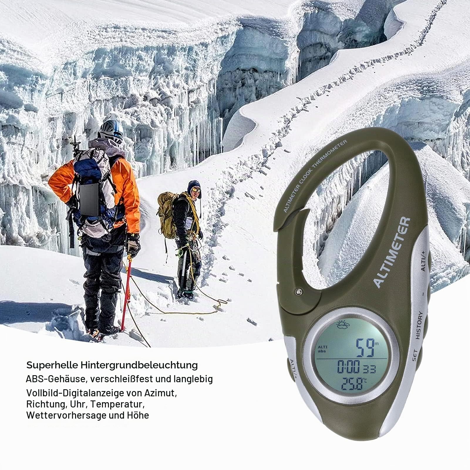 Digitales Höhenmesser Barometer, Multifunktionales Barometer Höhenmesser Thermometer Metric Altitude Monitor, Digitaler Handheld Höhenmesser mit Hintergrundbeleuchtung für Outdoor Sportarten