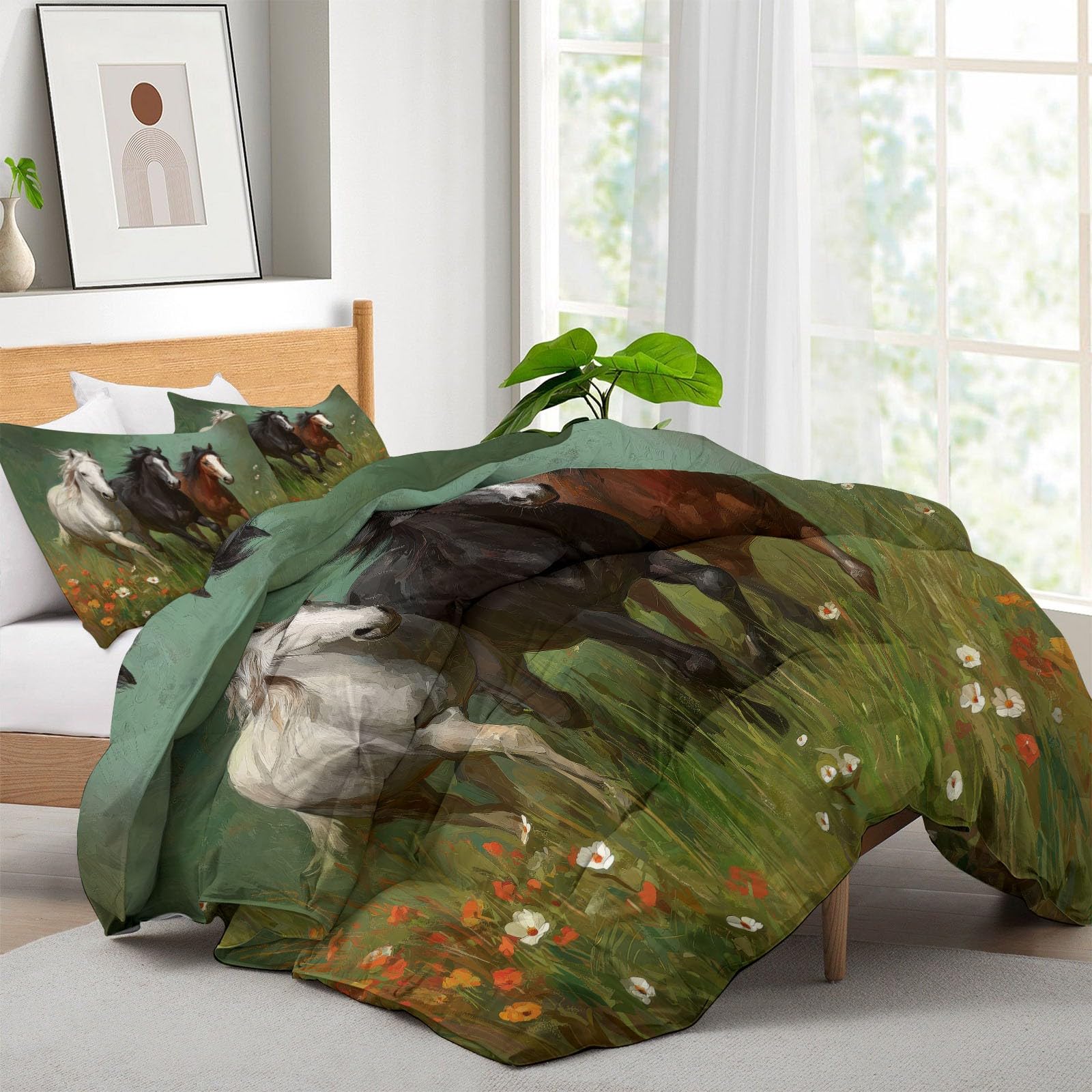 Genérico Edredón Cama Caballo, Animal Natural 240x220 cm, Edredón Reversible Sin Funda - Parure de Cama Tacto Suave, Listo para Usar y Lavado Fácil en Lavadora,Verde