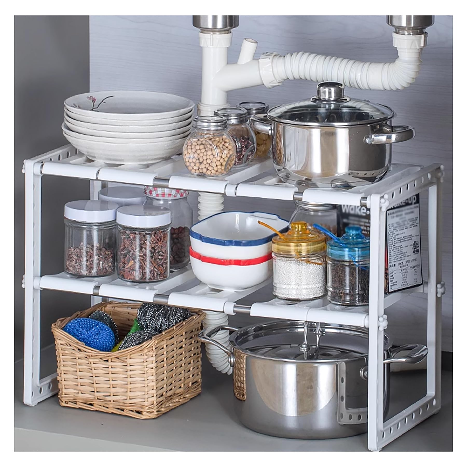 Organizzatore per armadietto da Bagno Scaffale da Cucina sotto Il lavello Organizzatore espandibile per ripiano per Armadio da Cucina a 2 Livelli,Bianca