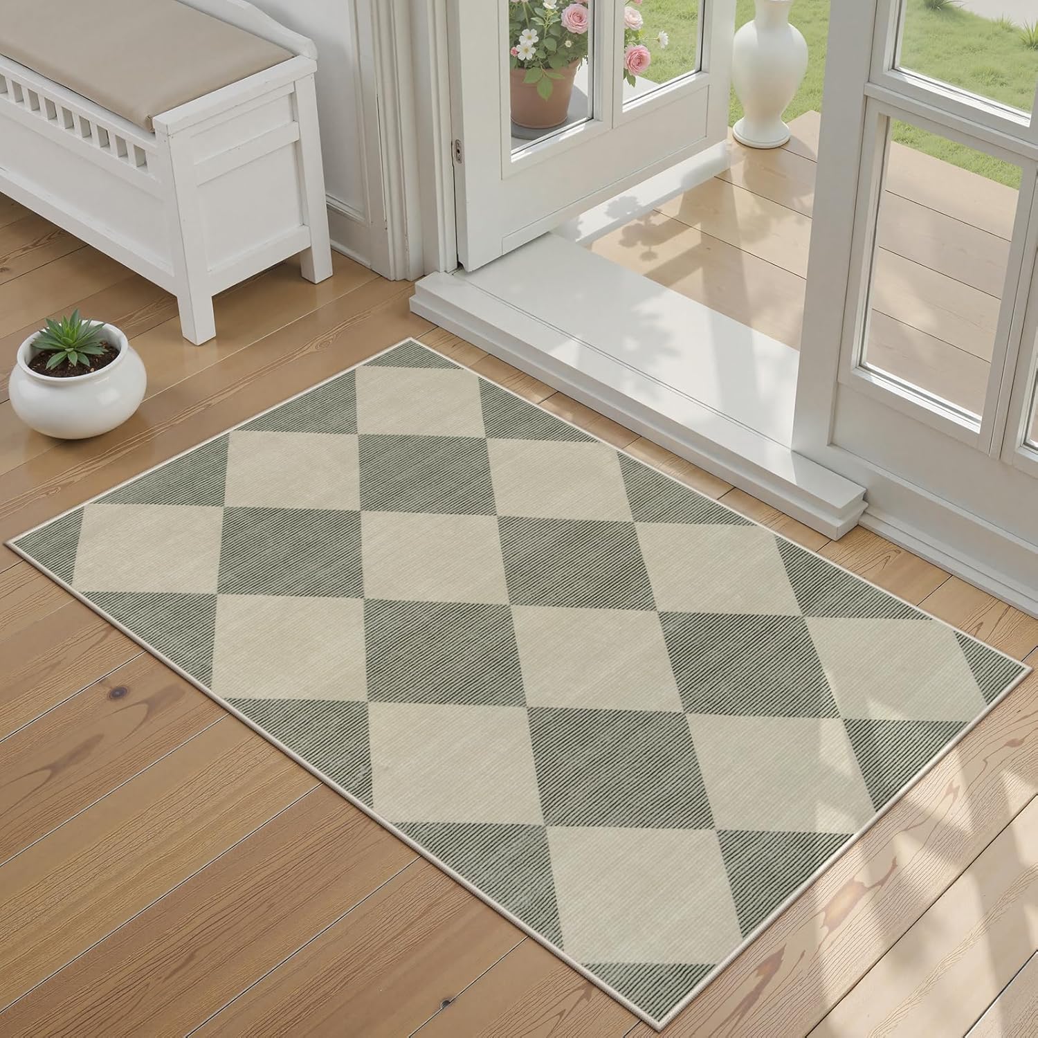 Beeiva Checkered Washable Entryway Rug 2x3, Non Slip Ultra Thin Green Front Door Mat Indoor Entrance Low Pile Small Kitchen Rug, Moroccan Contemporary Decor Neutral Accent Carpet for Bedroom Bathroom - Image 9