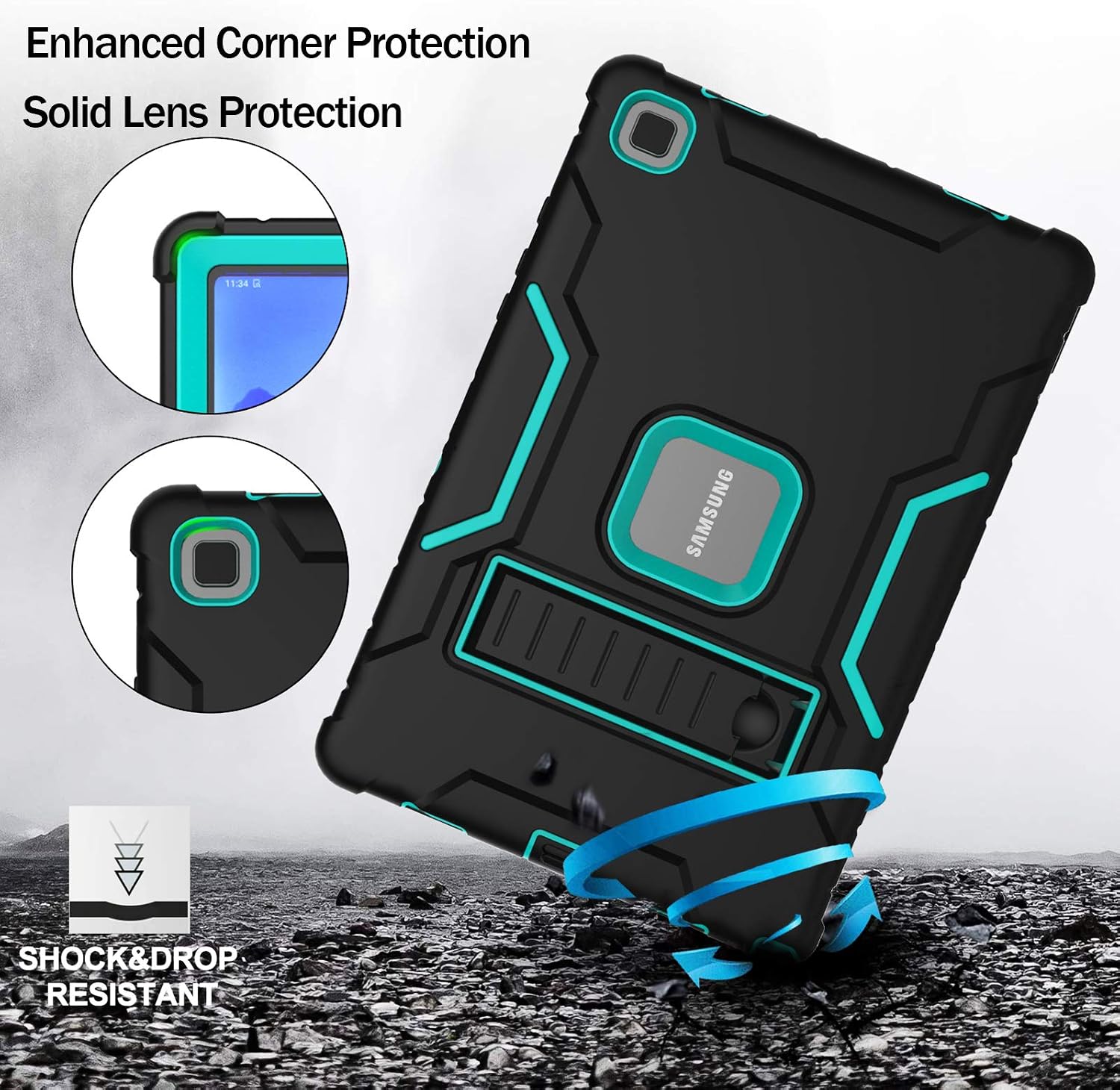 LTROP Case for Samsung Galaxy Tab A7 10.4 2020, Samsung Tab A7 Case with Built-in Screen Protector, Galaxy Tab A7 Case, Slim Rugged Shockproof Stand Cover Case for Samsung Tab A7 10.4", Black and Teal