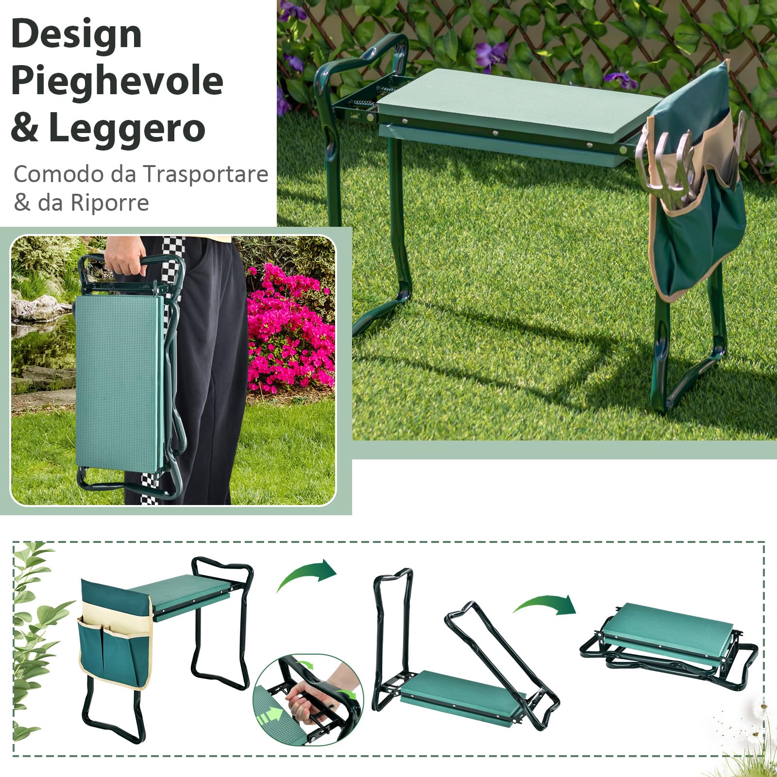COSTWAY Inginocchiatoio da Giardino 2 in 1 Portatile e Pieghevole, Sgabello da Giardino con Inginocchiatoio e Borsa, Sedile per Giardinaggio da Inginocchiare e Sedere