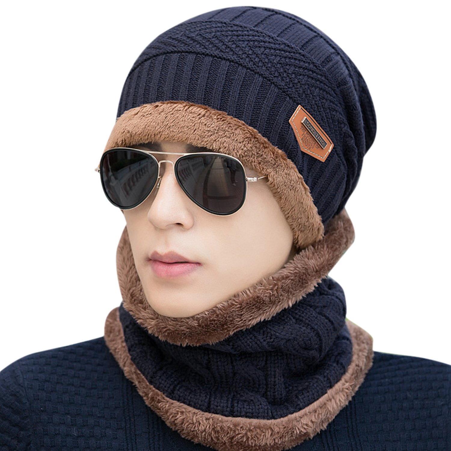 Chnli Warm Knitted Beanie Hat and Circle Scarf Skiing Hat Outdoor Sports Hat Neck Gaiter Sets (Navy Blue)