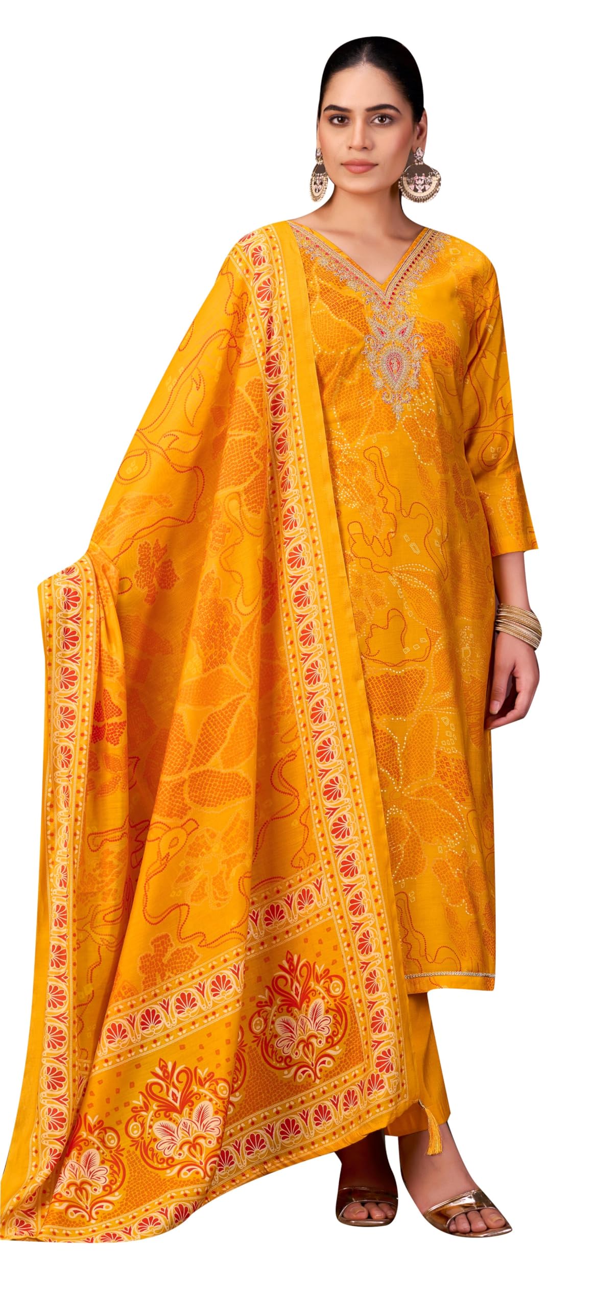 Womens Roman Silk Salwar Kameez Set with Foil Print & Embroidered V-Neck | Formal Party Wear Kurta Pants Set