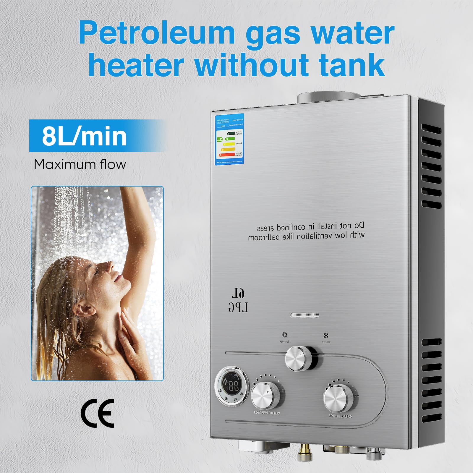 Chauffe-eau au gaz Propane gpl 6L/8L,avec Modes Hiver et Été, chauffe-eau instantané sans réservoir 16kw avec Kit de douche, brûleur de chaudière pour Camping, RV, maison ﻿ (6L)