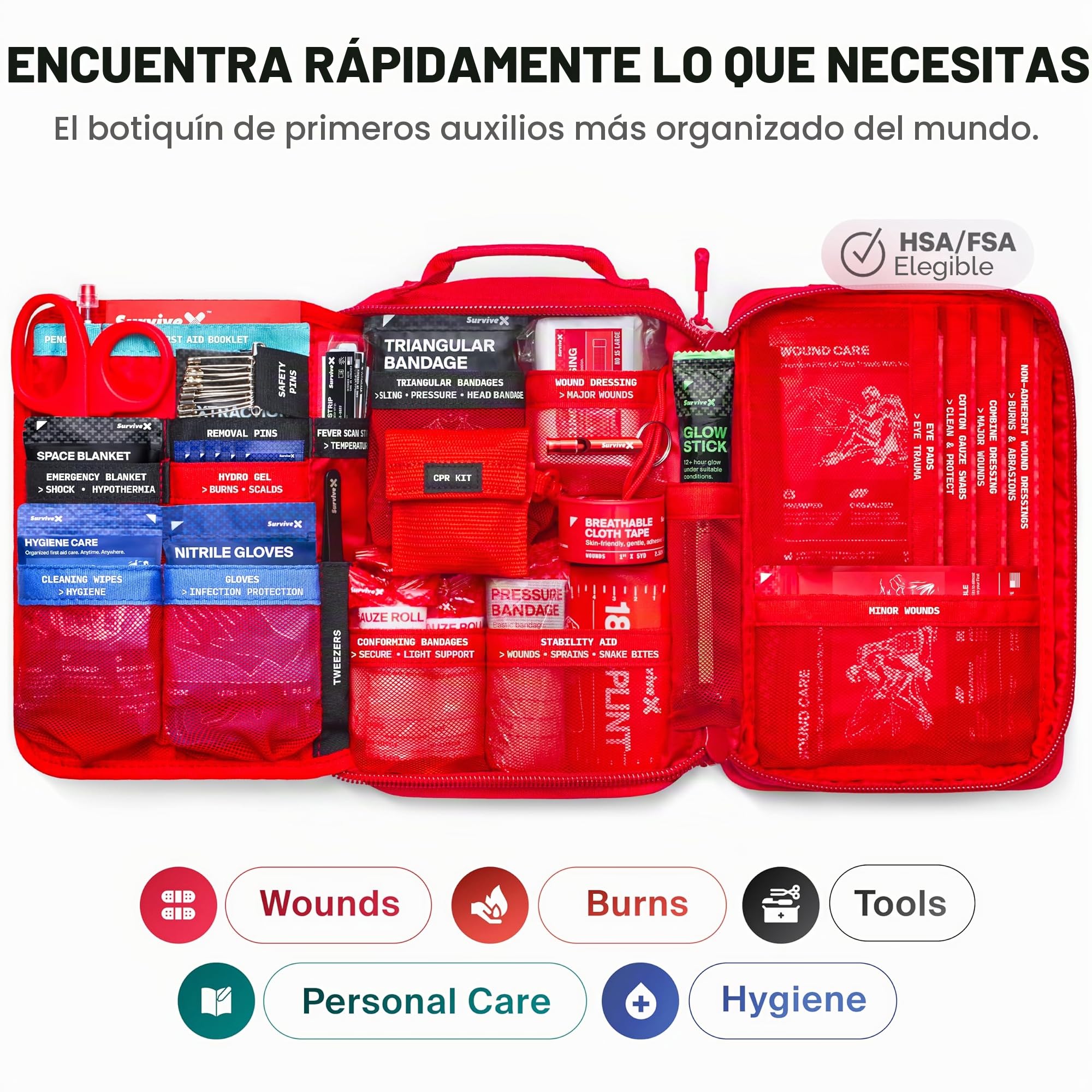 SurviveX Kit de primeros auxilios grande para coche, viajes y hogar, kit de emergencia para senderismo, camping, mochileros y al aire libre, incluye tiras de cierre de herida de punto de cremallera