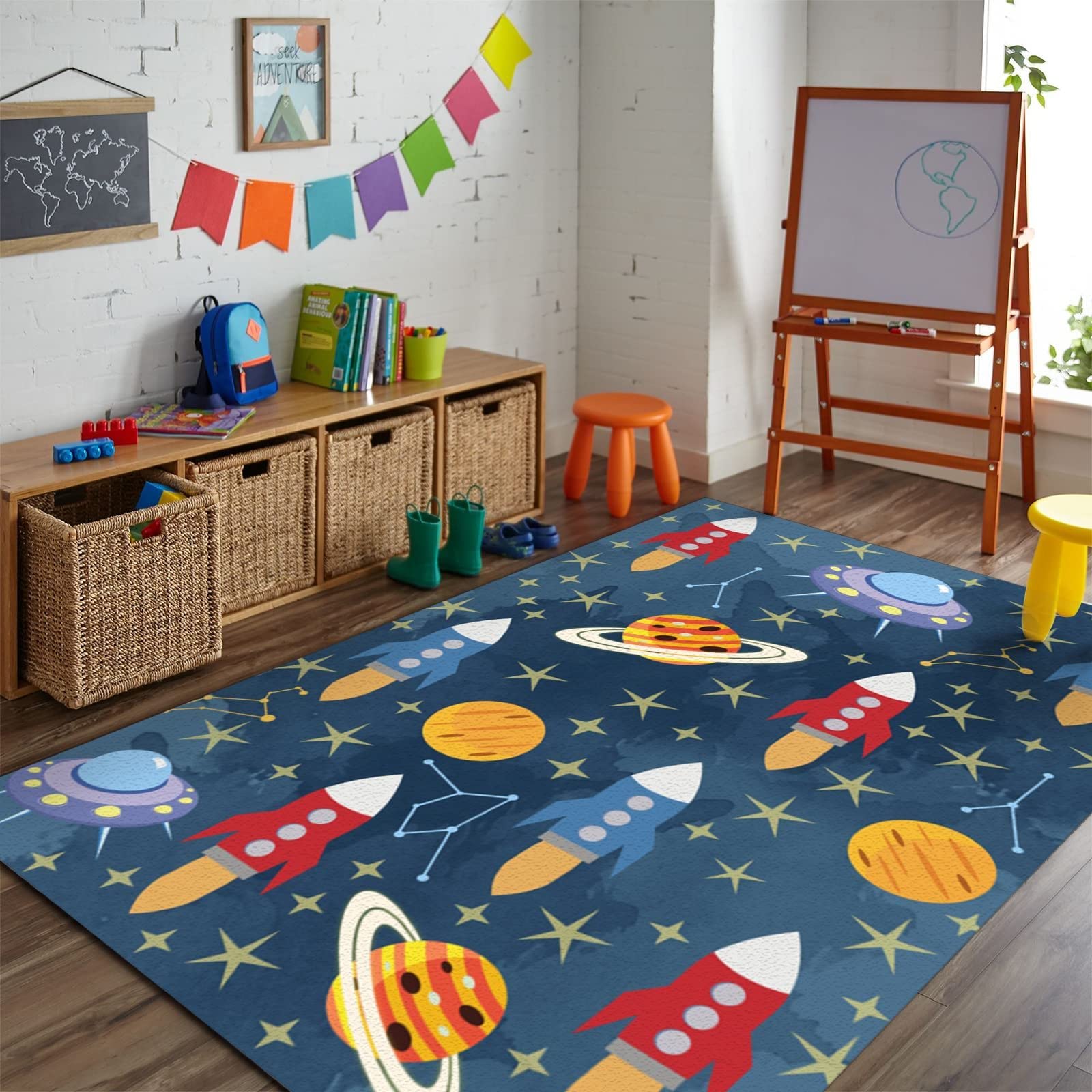 Tapis Rond 60 Cm Motif Fusée Et Planètes - Lavable En Machine, Antidérapant - Pour Salon, Chambre D’enfant, Bureau