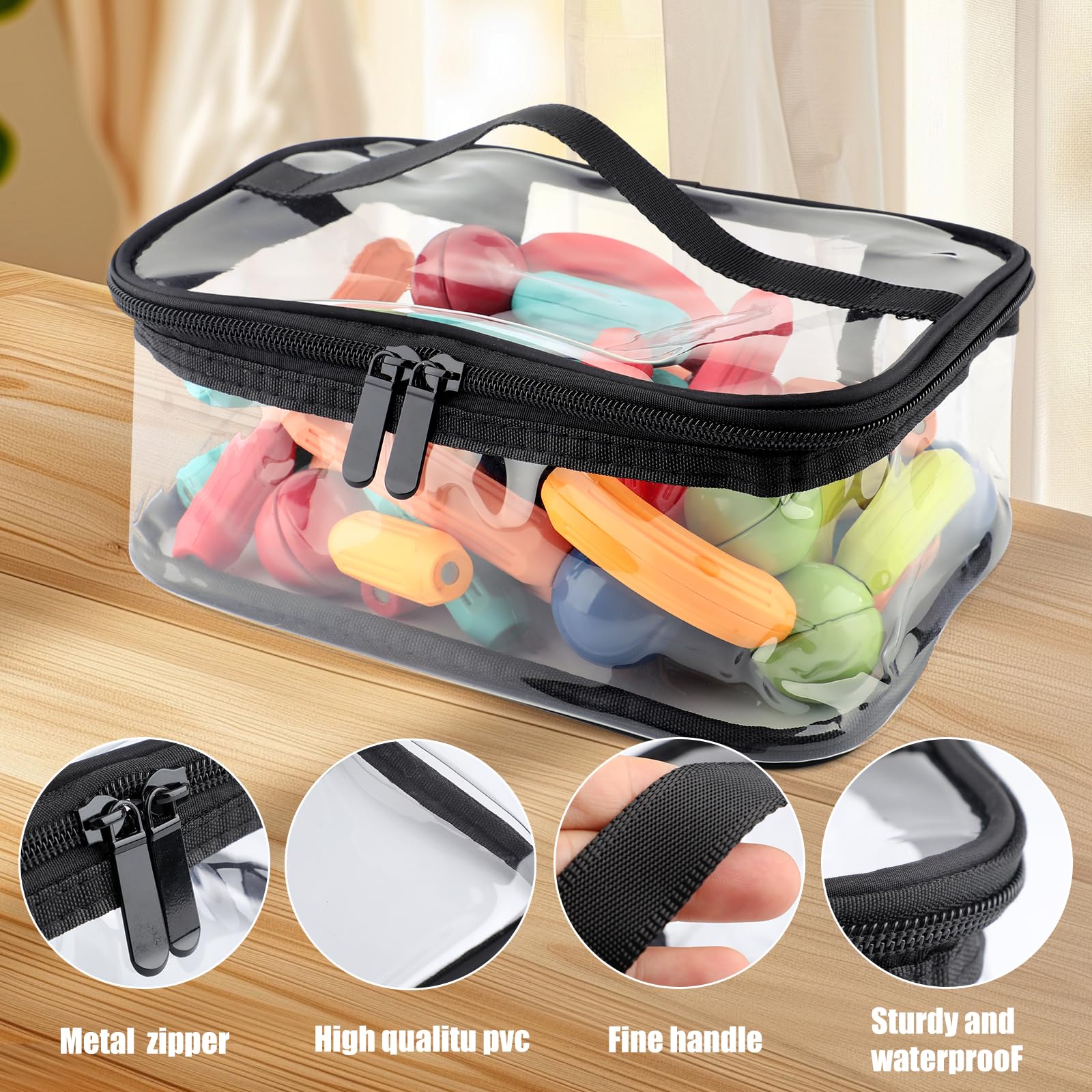 6 bolsas pequeñas de almacenamiento de PVC para juguetes, bolsa de maquillaje transparente impermeable, bolsa de almacenamiento de viaje transparente con asa, bolsas organizadoras con cremallera para