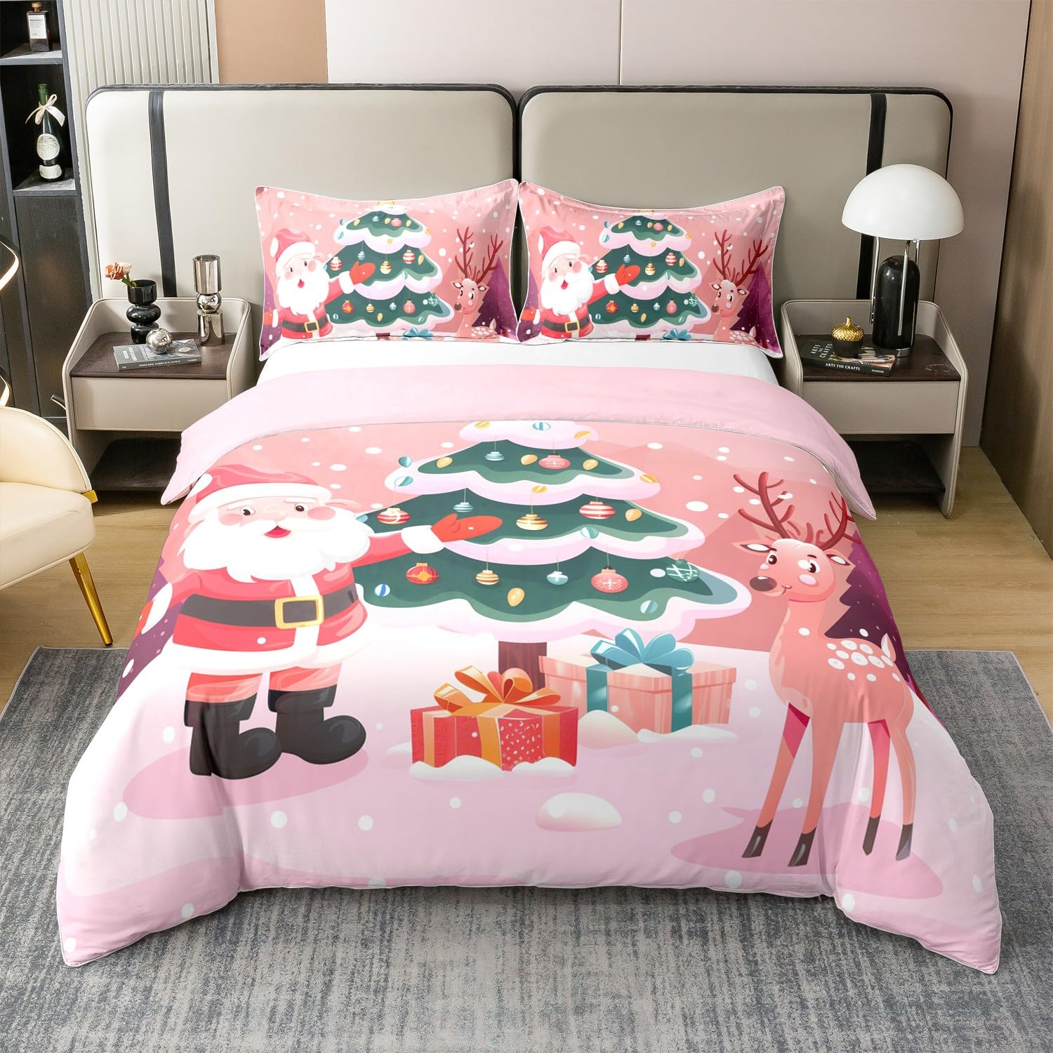 100% Cotton Christmas Queen Duvet Cover,Christmas Snow Tree Comforter Cover,Santa Claus Bedding Set for Kids Girls,Kawaii Moose Animal Quilt Cover,Cute Cartoon Bedspread Cover for Bedroom Decor,Pink