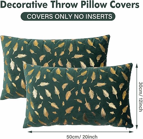 Miniatura 7 de AQOTHES Paquete de 2 fundas de almohada decorativas de Navidad verde oscuro de 12 x 20 pulgadas con hojas de plumas doradas, almohadas lumbares de