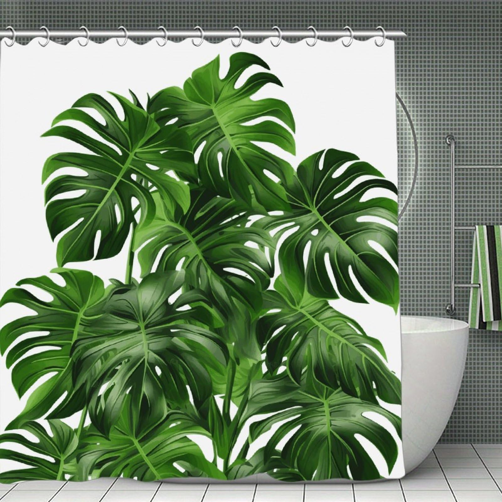 QMNLKH Monstera Deliciosa Banana Palm Shower Curtain with Hooks, Waterproof Bath Curtains for Bathroom, Lightweight Bath Curtains Liner for Hotel, Personalized Bath Curtain for Spa, 70.8 Inch