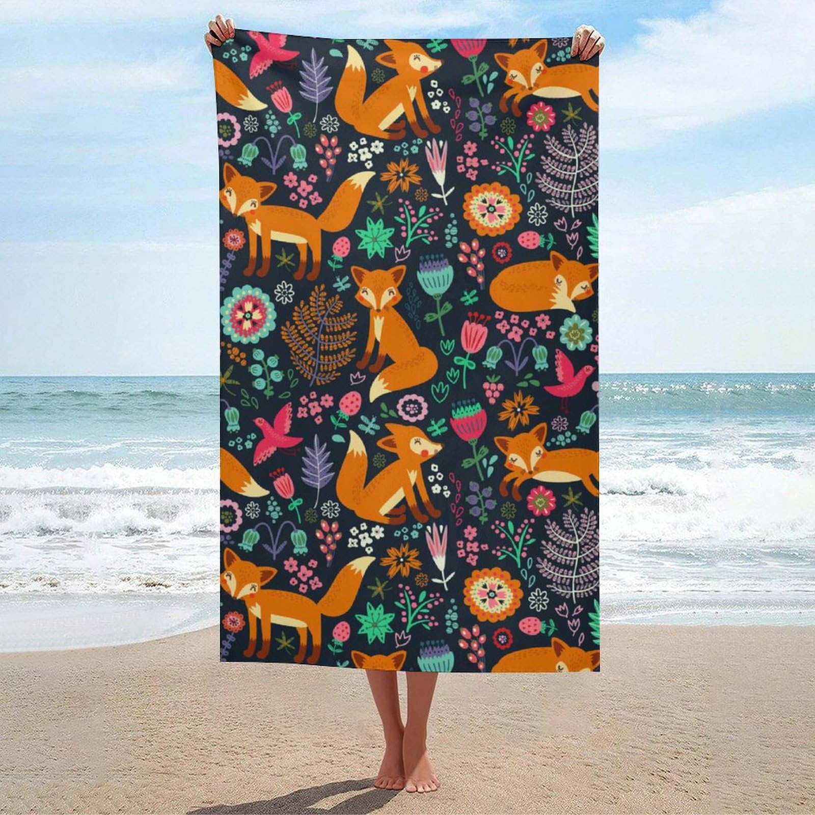 LEDFCVSU Beach Towel, Cute Fox Floral Bath Towel, Absorbent Towel for Swimming, Sports, Travel