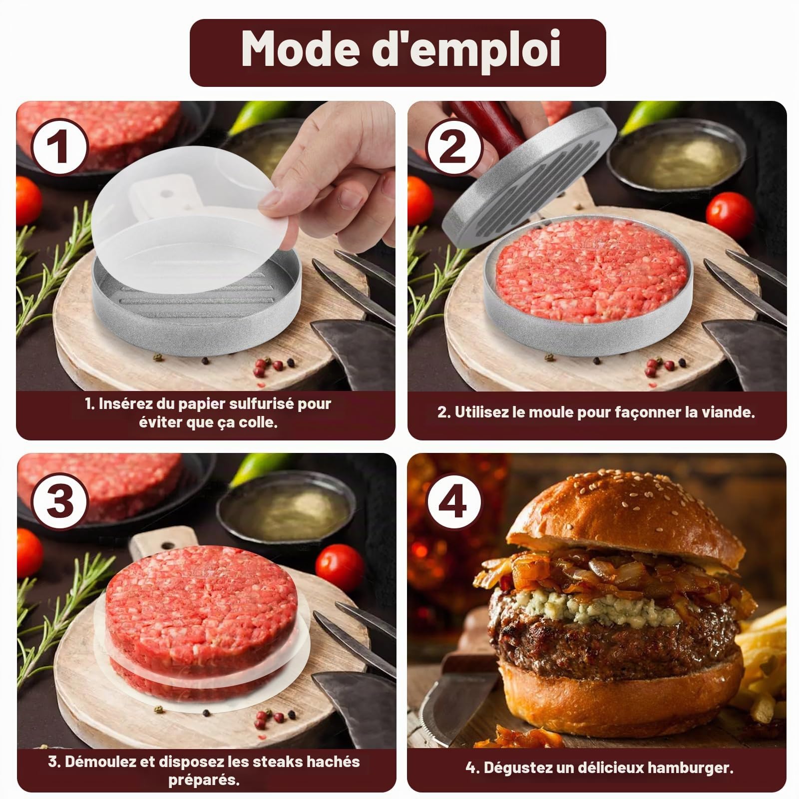 Presse à Burger en Aluminium avec 100 Papier Silicone, Moule à Viande pour Hamburgers