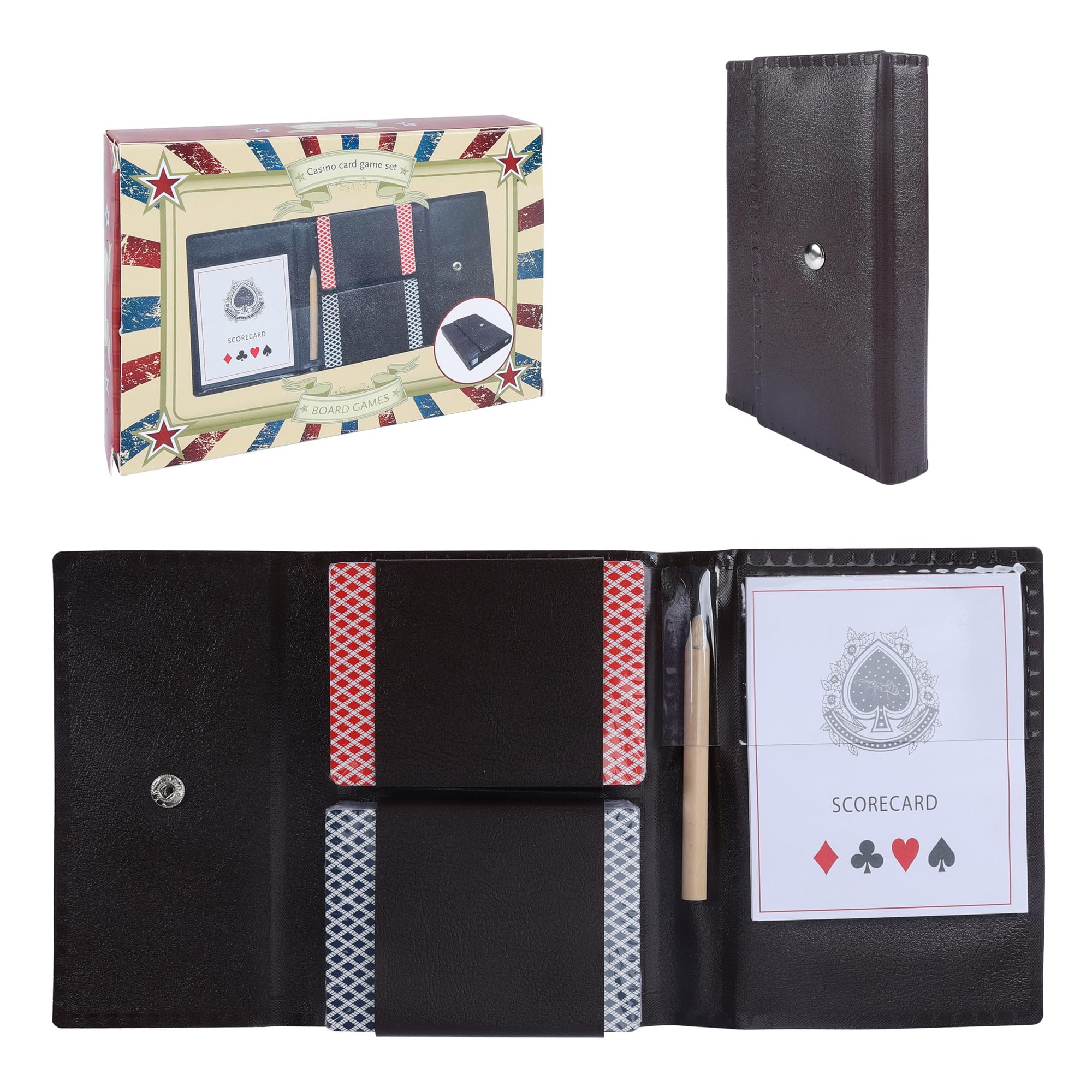 GOTHINK 2 Packs Playing Card, PU Leather Case Card Game Set - 2 Decks of Playing Cards (Standard Playing Cards), Pencil and Scorecard Notepad - Also Fits Storage Bridge Size Poker Cards for Outdoor