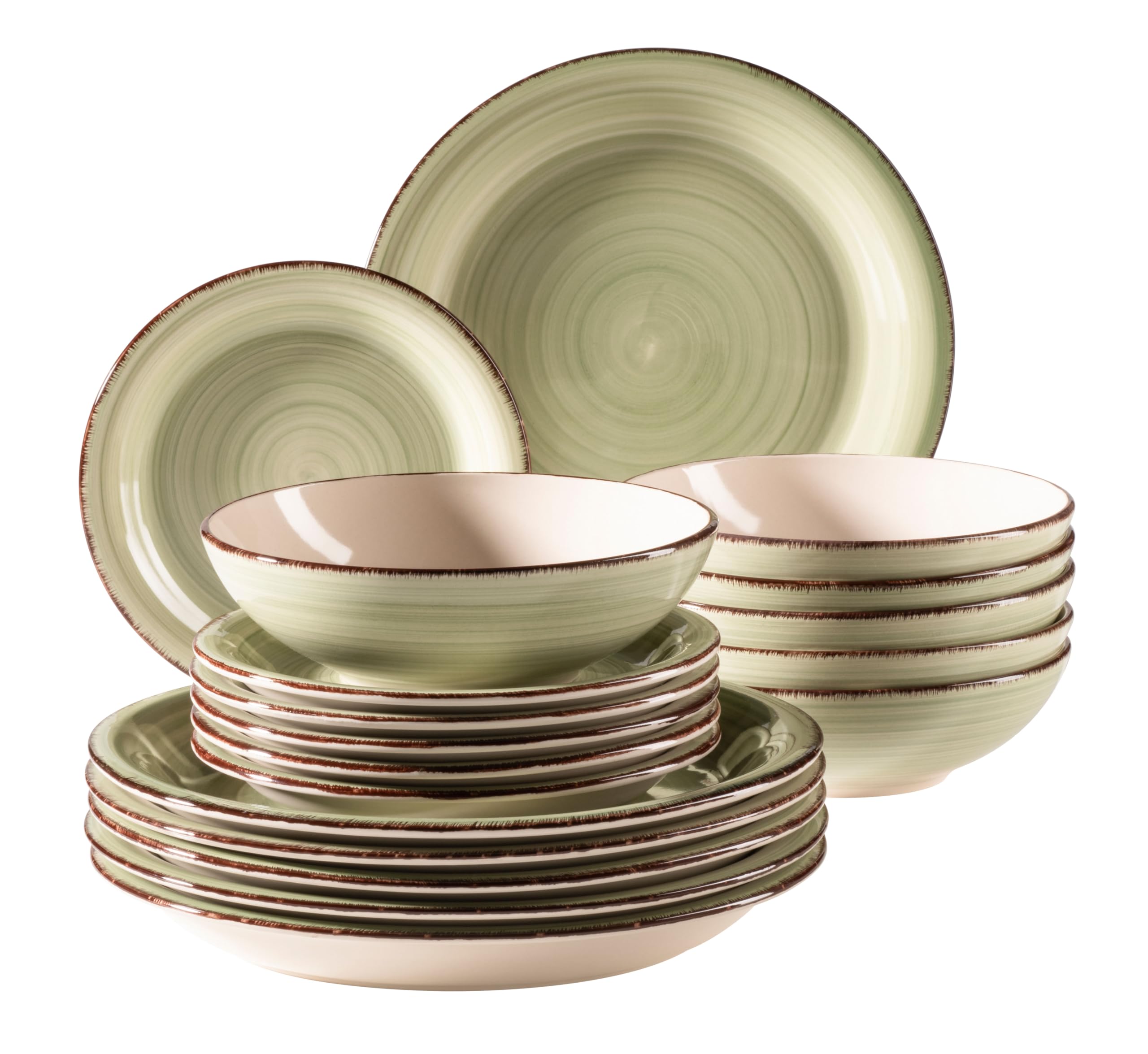 MÄSER Bel Tempo II 931876 - Juego de platos para 6 personas con aspecto moderno y vintage, 18 piezas, cerámica pintada a mano, color verde