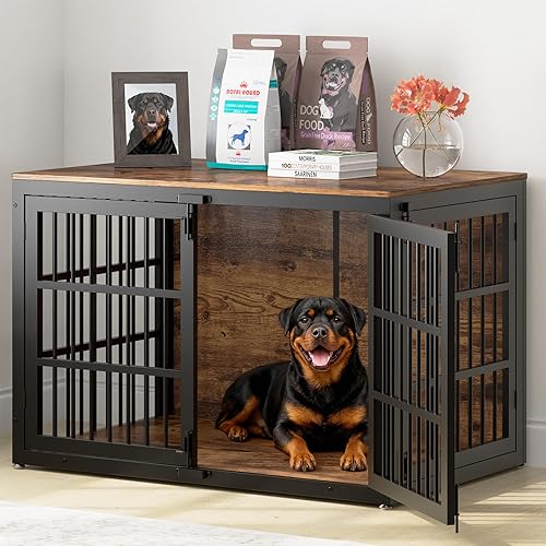 Muebles resistentes de 48 pulgadas, jaula de madera para perros Lrage y perros extra grandes, perrera interior con puerta lateral, mesa auxiliar