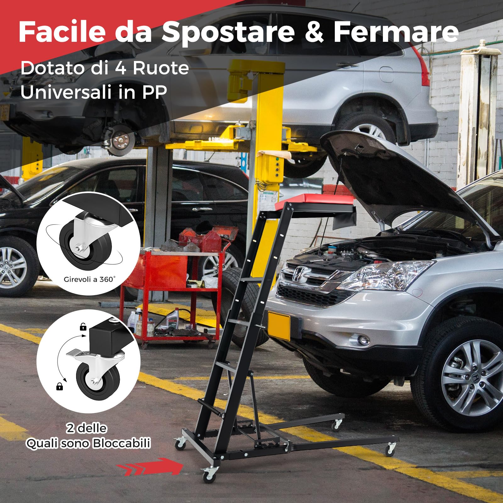 COSTWAY Creeper Pieghevole per Motore, Creeper per Motore Auto con Altezza Regolabile e Angolazione, 4 Ruote, Piattaforma Imbottita, Capacità Carico 180kg, per Garage e Officina di Riparazione