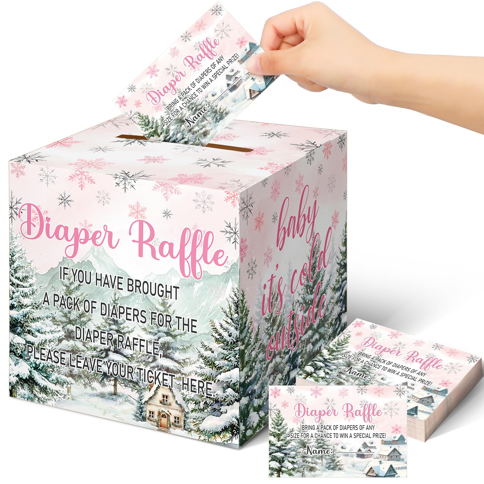 Teling 51 Pieces Diaper Raffle Tickets with Card Box,Pink Baby It's Cold Outside Style