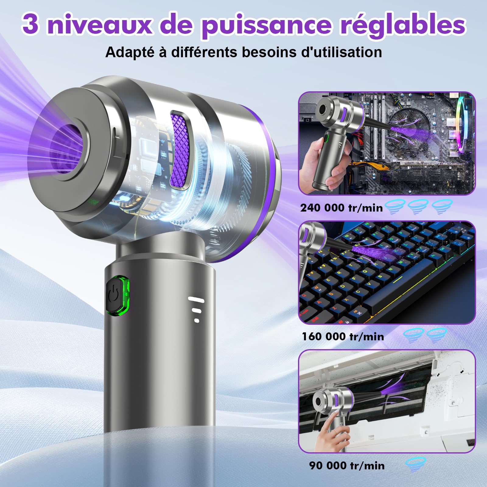 Aspirateur Voiture 4 en 1 Puissant 28000 PA Aspirateur à Main sans Fil 3 Vitesses 240 000 TR/Min pour Voiture, Cuisine, PC, canapé, Bureau, Maison et Nettoyage des Poils d'animaux