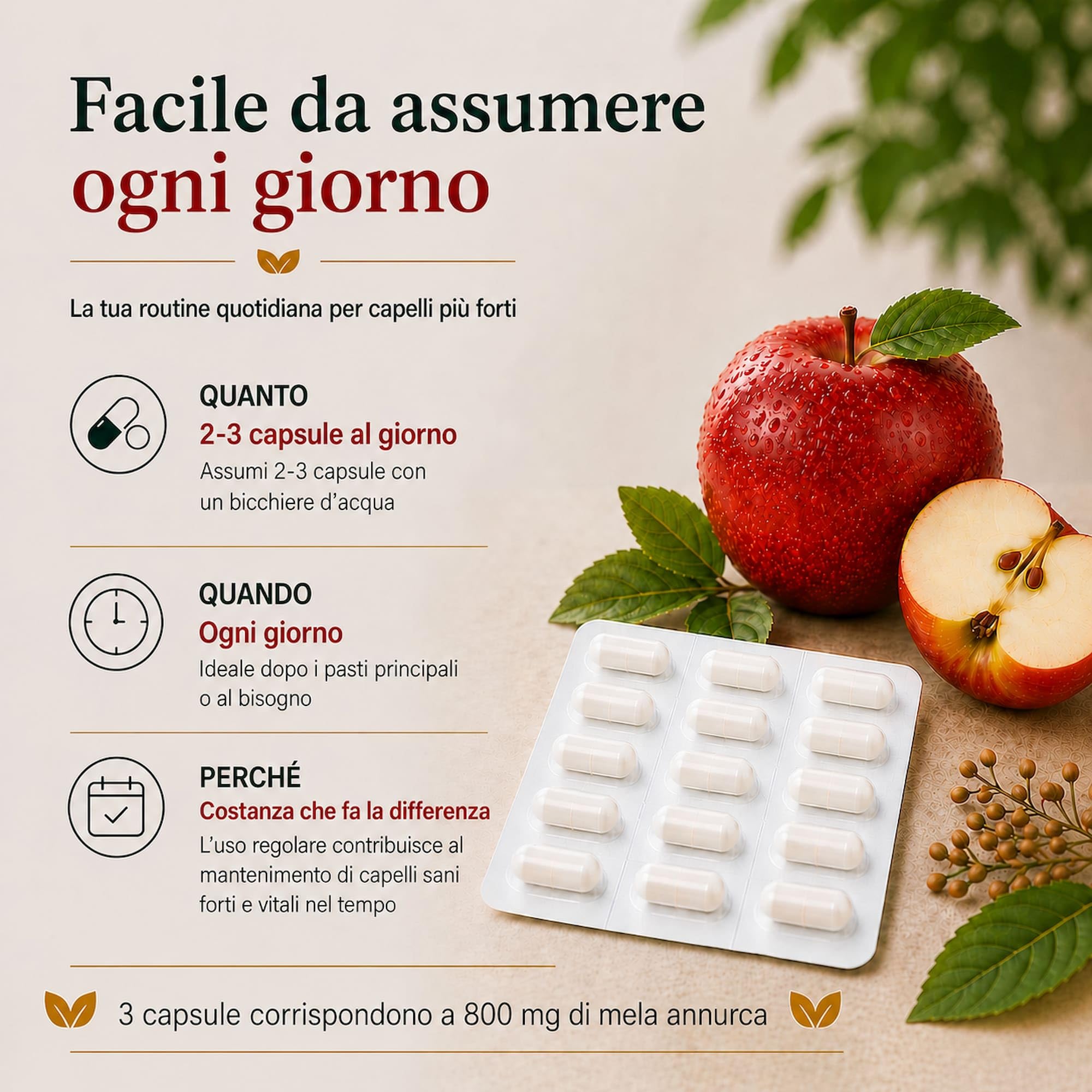 Mela Annurca 60 capsule x 2 – 120 capsule totali – Integratore capelli e unghie – Con Miglio, Biotina, Zinco e attivi selezionati – Supporto al Rinforzo