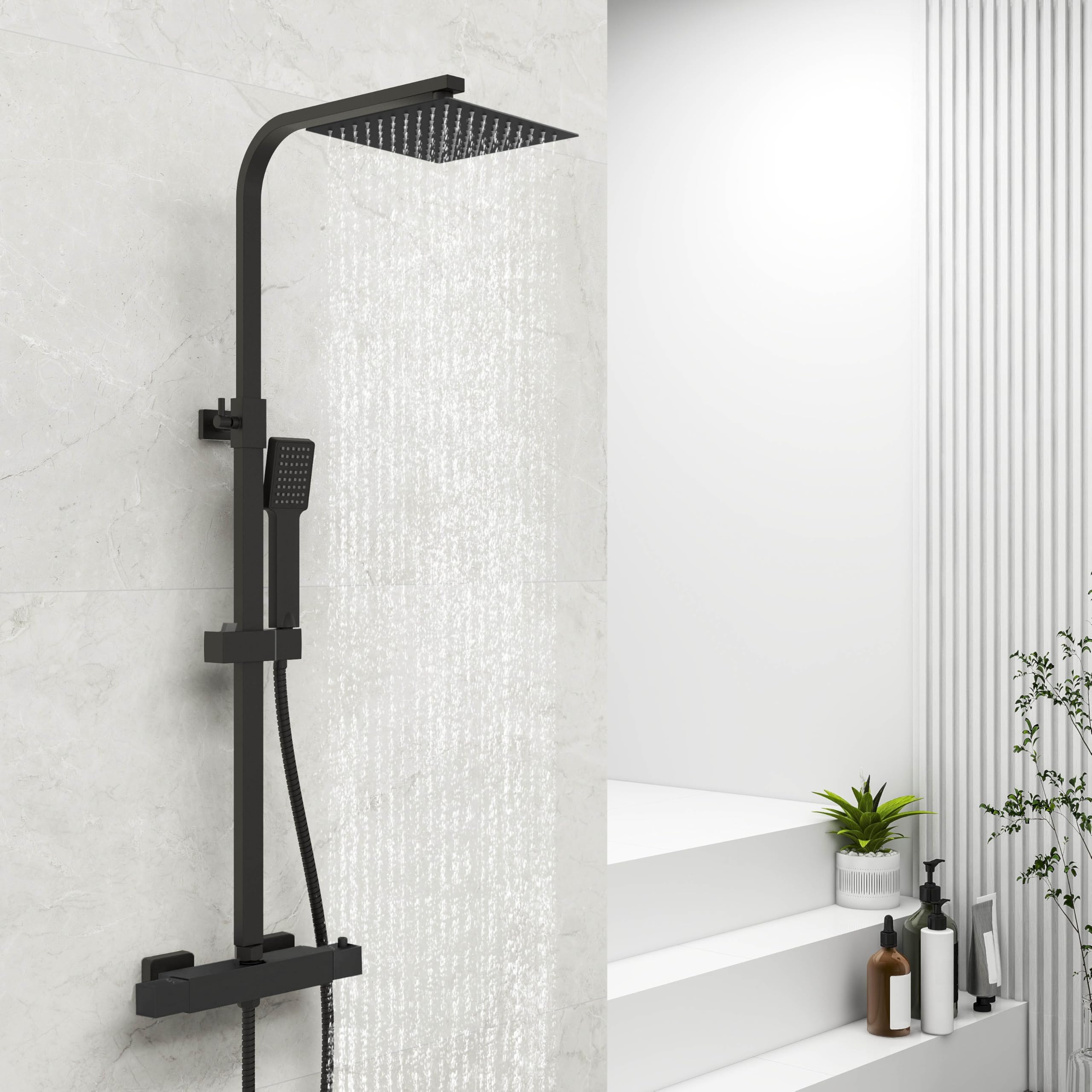 Simple Bathrooms Black Thermostatic Shower System, Square Thermostatic 38℃ Shower Mixer Set With 20 X 20 Cm Rainfall Shower Head, Handheld Shower, Riser Rail, Adjustable Height Anti Scald Matte Shower Set