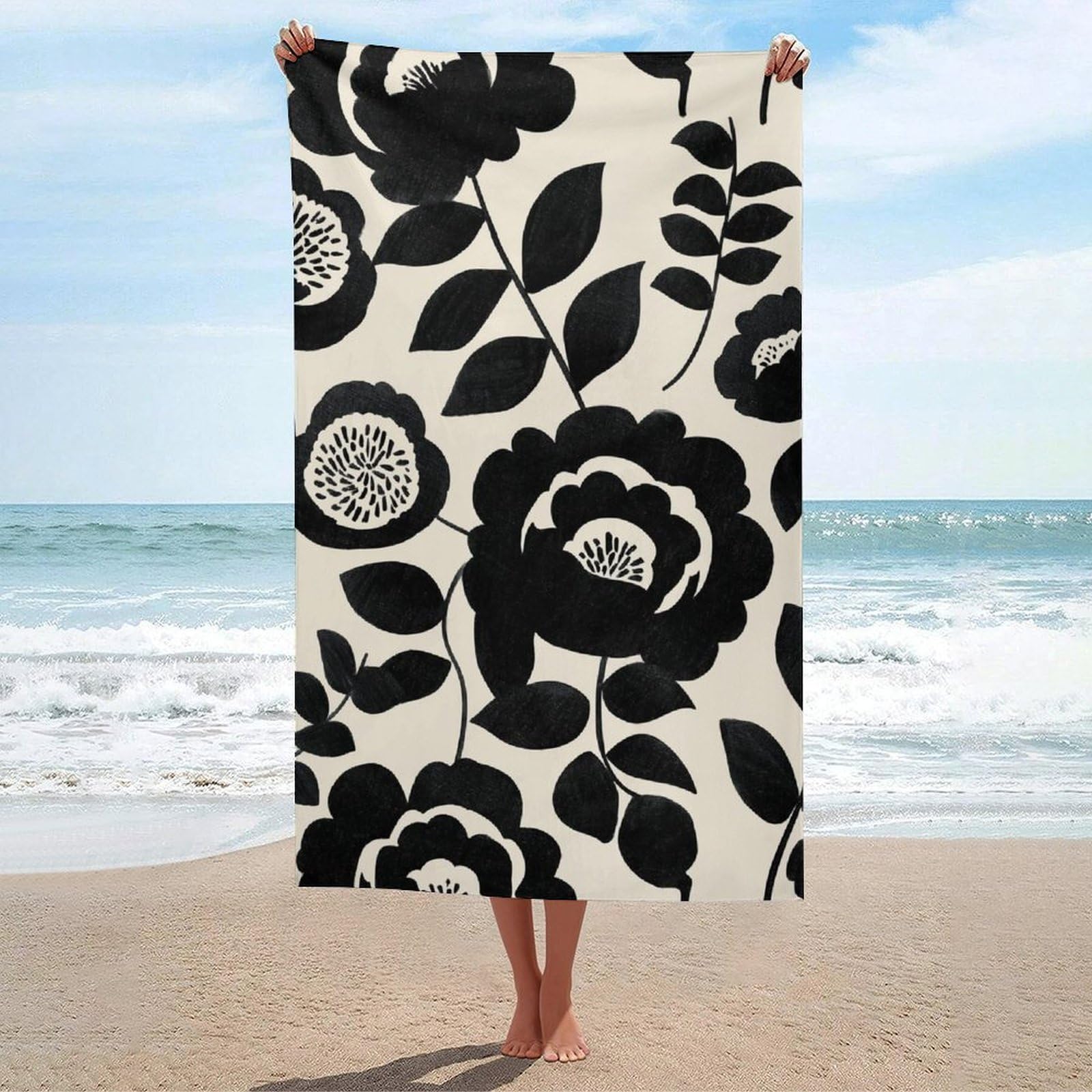 asbwuo Vintage Black and White Floral Mid-Century Beach Towel