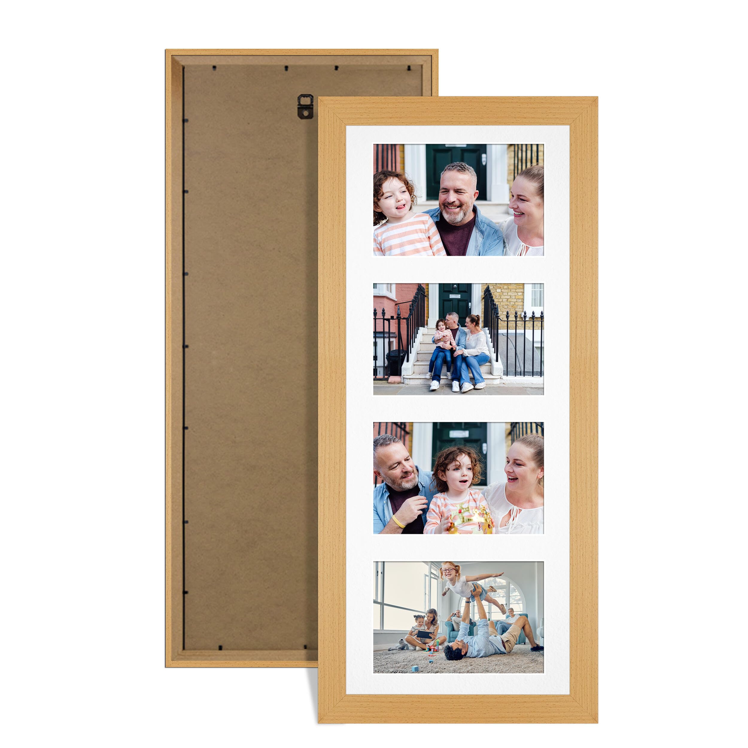 Alison Kingsgate Country Pine 50x20cm Photo frames for multiple pictures -4 Apertures Collage Frame with White Mount - Holds (4x) 6x4 Photos - Engineered Wood & Perspex