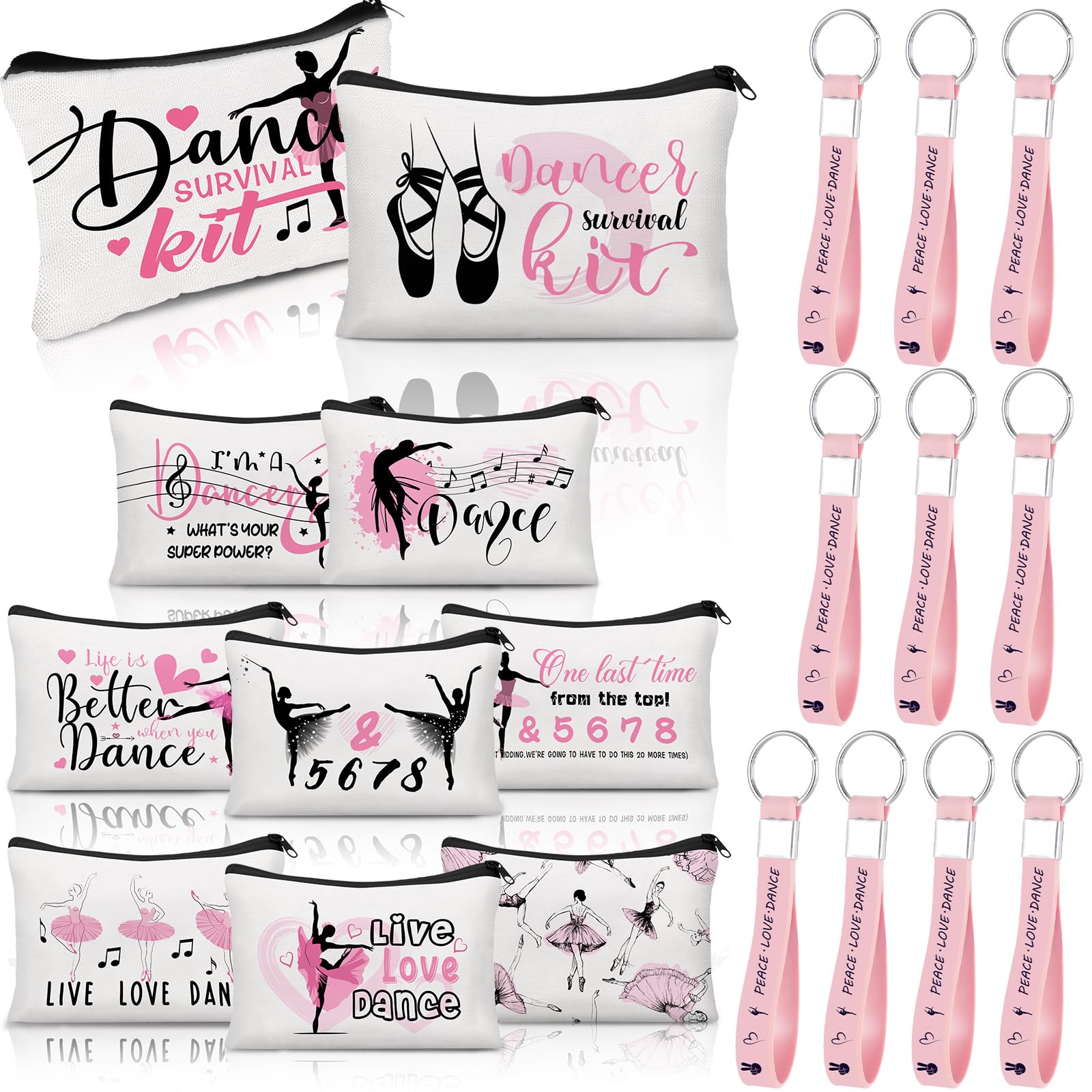 Kacctyen 20 Pcs Dance Gifts Bulk Dance Makeup Bag for Women Ballet Dancer Cosmetic Bag and Silicone Quote Keychains Stuff Class Prizes Party Favor