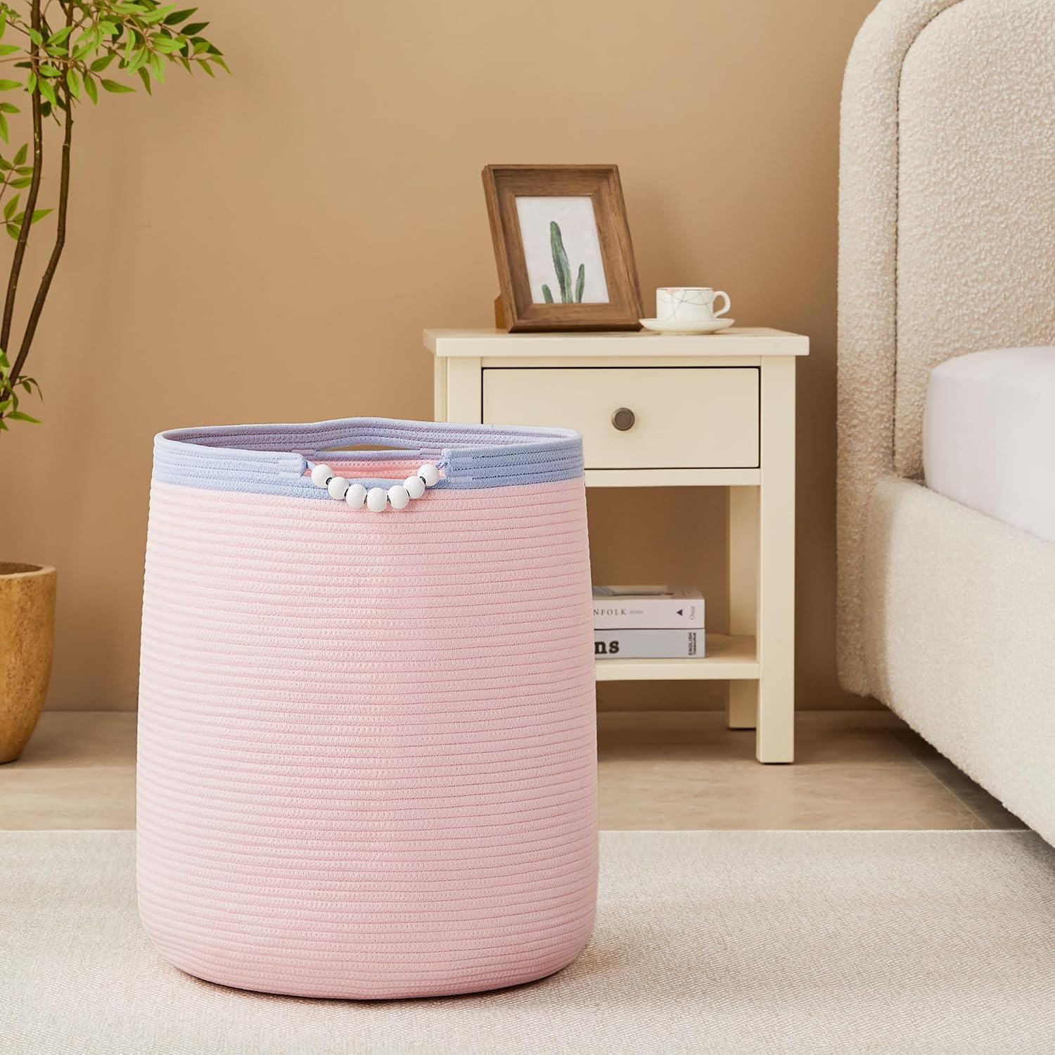 65L Pink Woven Rope Laundry Hamper Basket for Clohtes Boho Tall Rope Baskets for Blanket Large Baby Nursery Hamper for Girls Kids 16"Wide 19"Tall