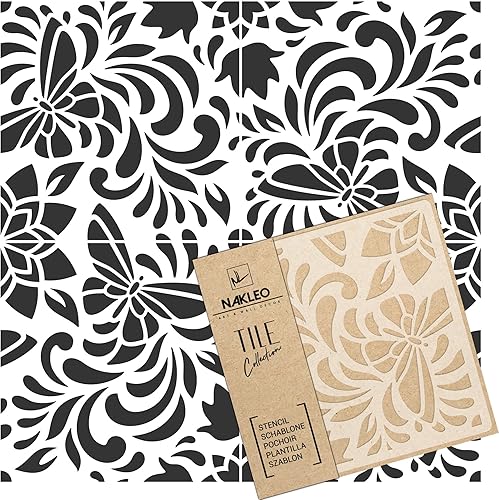 NAKLEO Plantilla de pintura para azulejos de 13 x 13 pulgadas, adorno floral de mariposa Lorca, plantilla reutilizable de plástico, decoración del