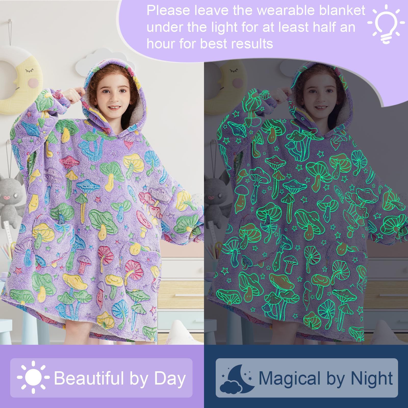 Fiosnow Glow in the Dark Mushroom Blanket Hoodies for Kids 6-13YR Oversize Wearable Blanket Hoodies for Boys Girls Teens