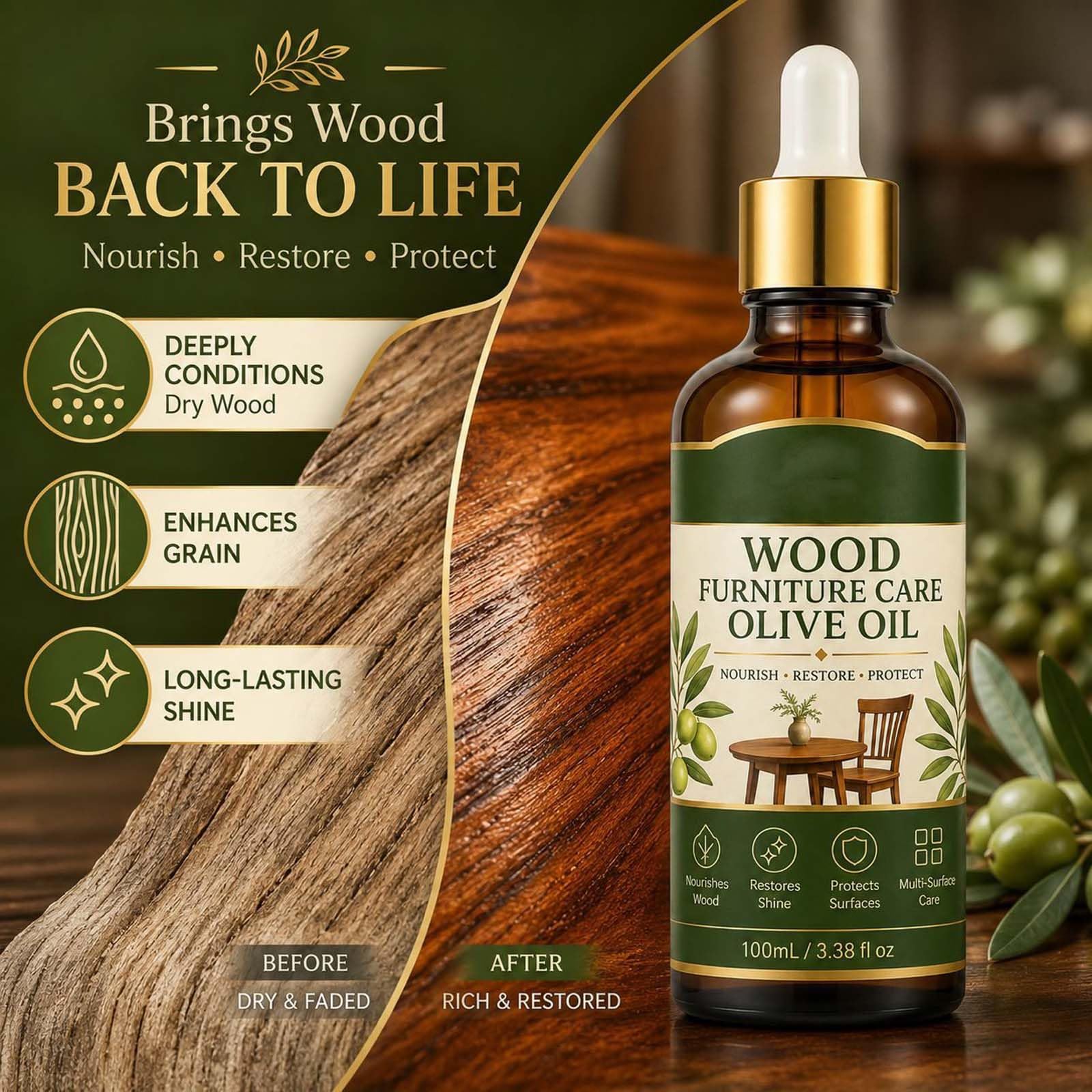 Olio nutriente idratante per la cura dei mobili in legno con oli d'oliva, olio essenziale per la cura dei mobili, lucidante e detergente per mobili, balsamo rivitalizzante e protettivo e spray per
