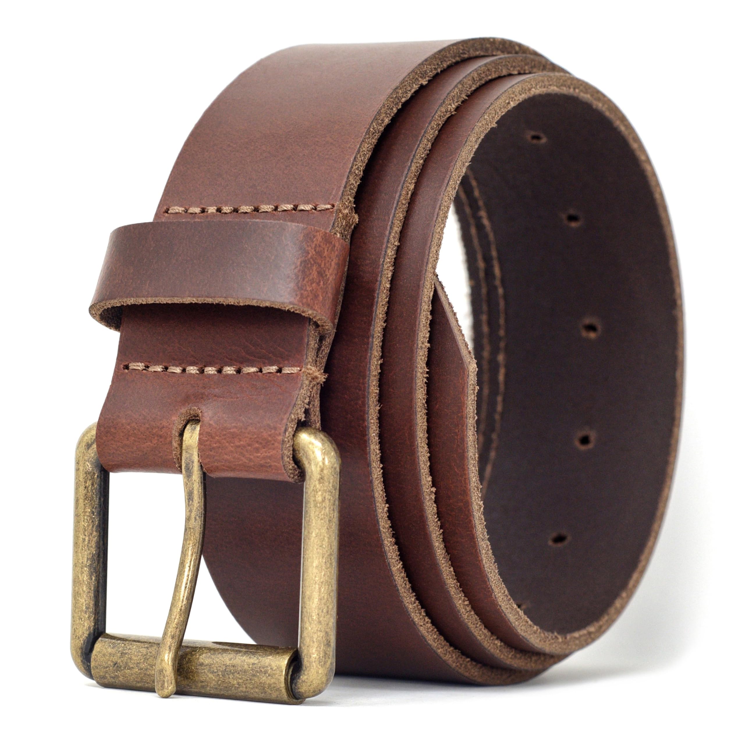 Ashford Ridge Full Grain Real Leather Belt for Men – Handmade in England – Nickel Free Brass Colour Roller Buckle – Genuine Cowhide - Antique Brown 5XL (Nickel Free)
