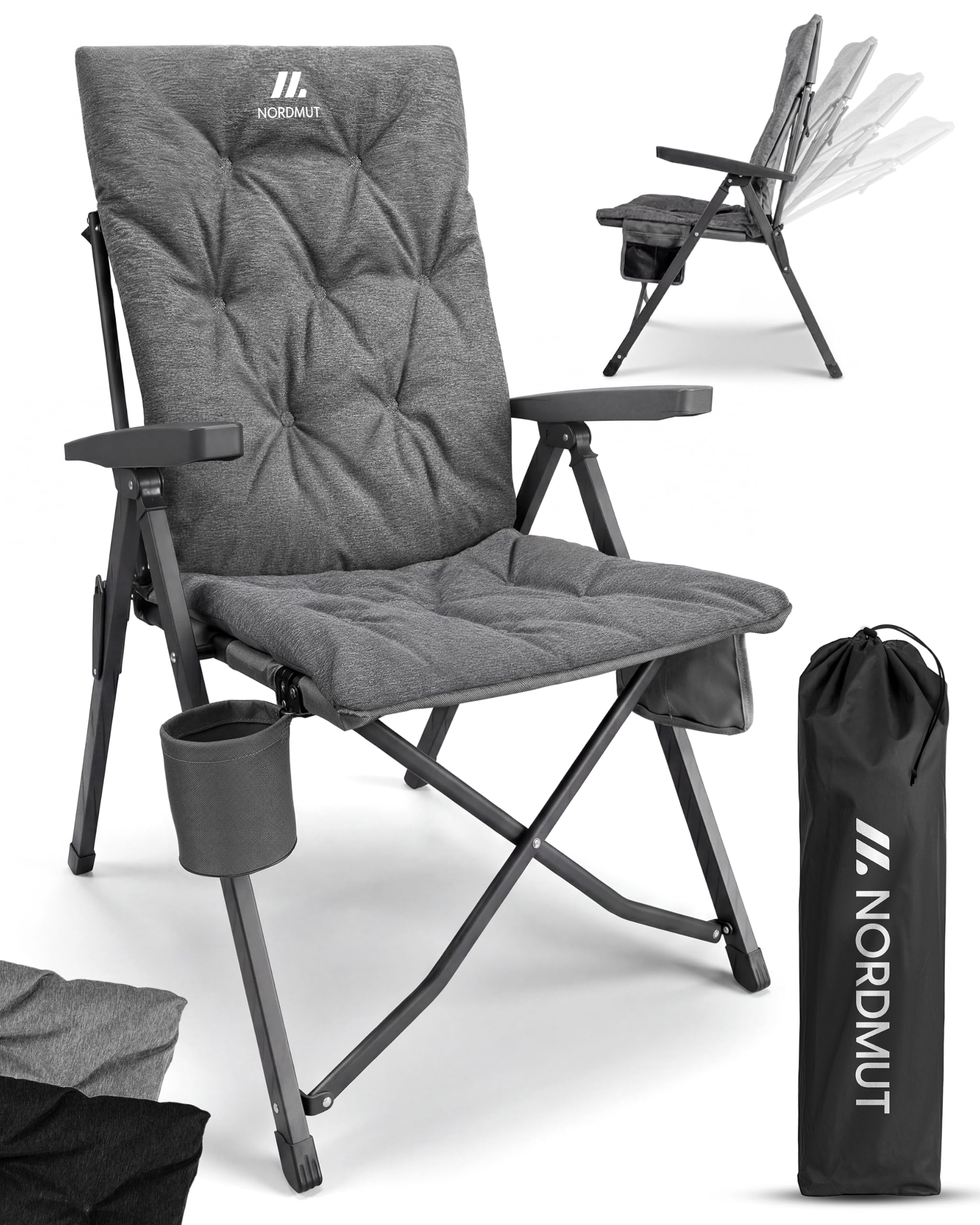 NORDMUT® Premium składane krzesło campingowe z wysokim oparciem – regulowane w 4 pozycjach – Wygodne krzesło ogrodowe o nośności 140 kg do camping i outdoor (Popielaty 1x)