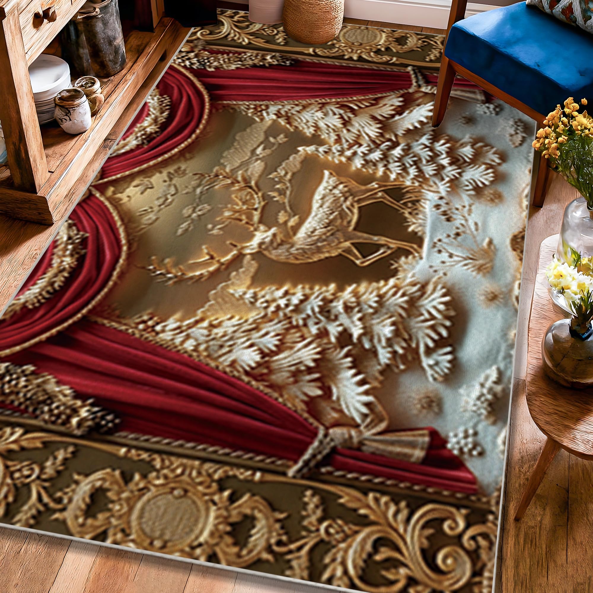 Rentier-Teppich, weihnachtlicher festlicher Vorhang, Schnee, Weihnachten, Rot, niedriger Flor, ästhetisch, rechteckig, für Wohnzimmer, Schlafzimmer, Flur, Büro, Dekoration, 122 x 150 cm