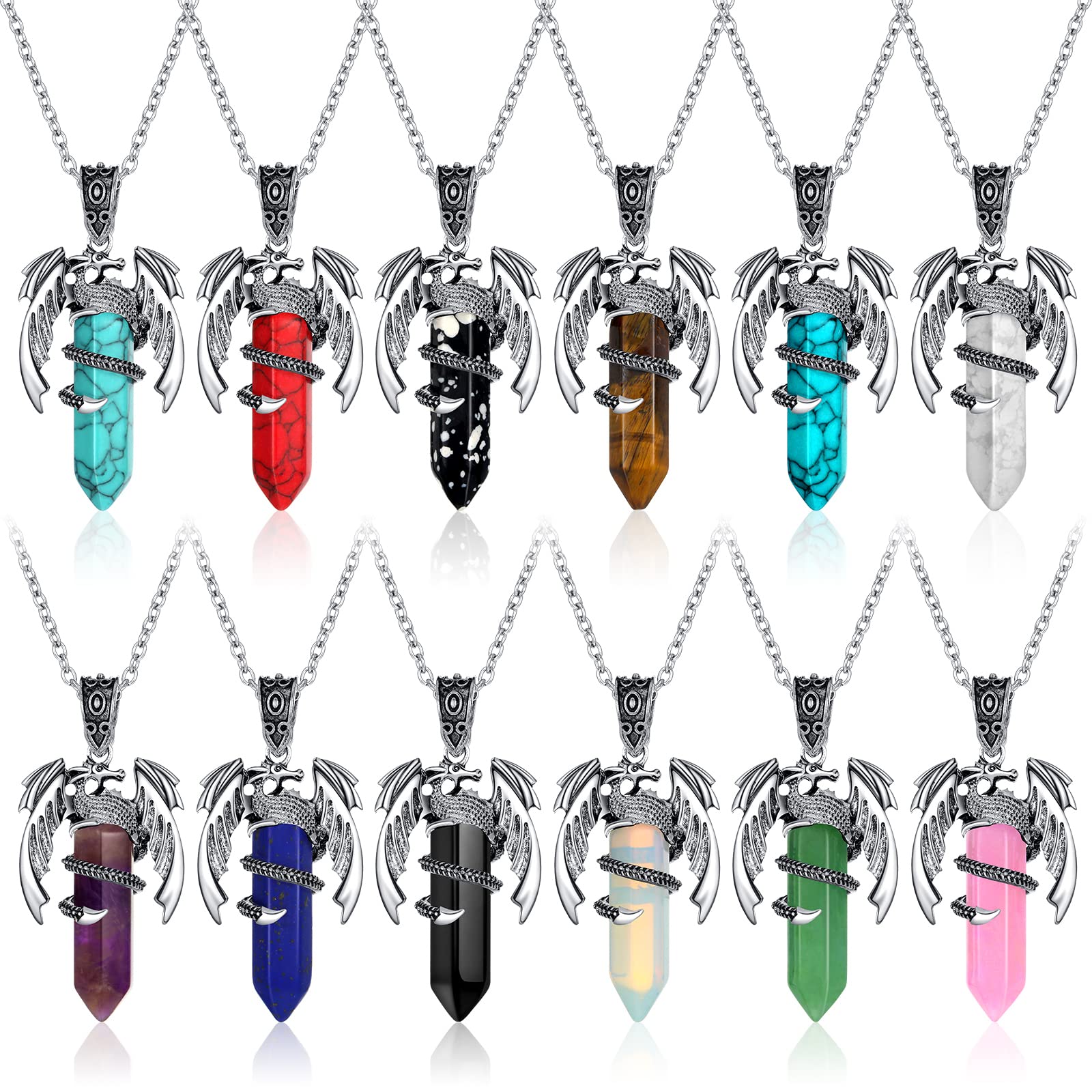 Yinkin 12 Pcs Dragon Necklace for Men Women Crystal Stone Necklace Dragon Wrapped Pendant Chakra Reiki Gemstone jewelry