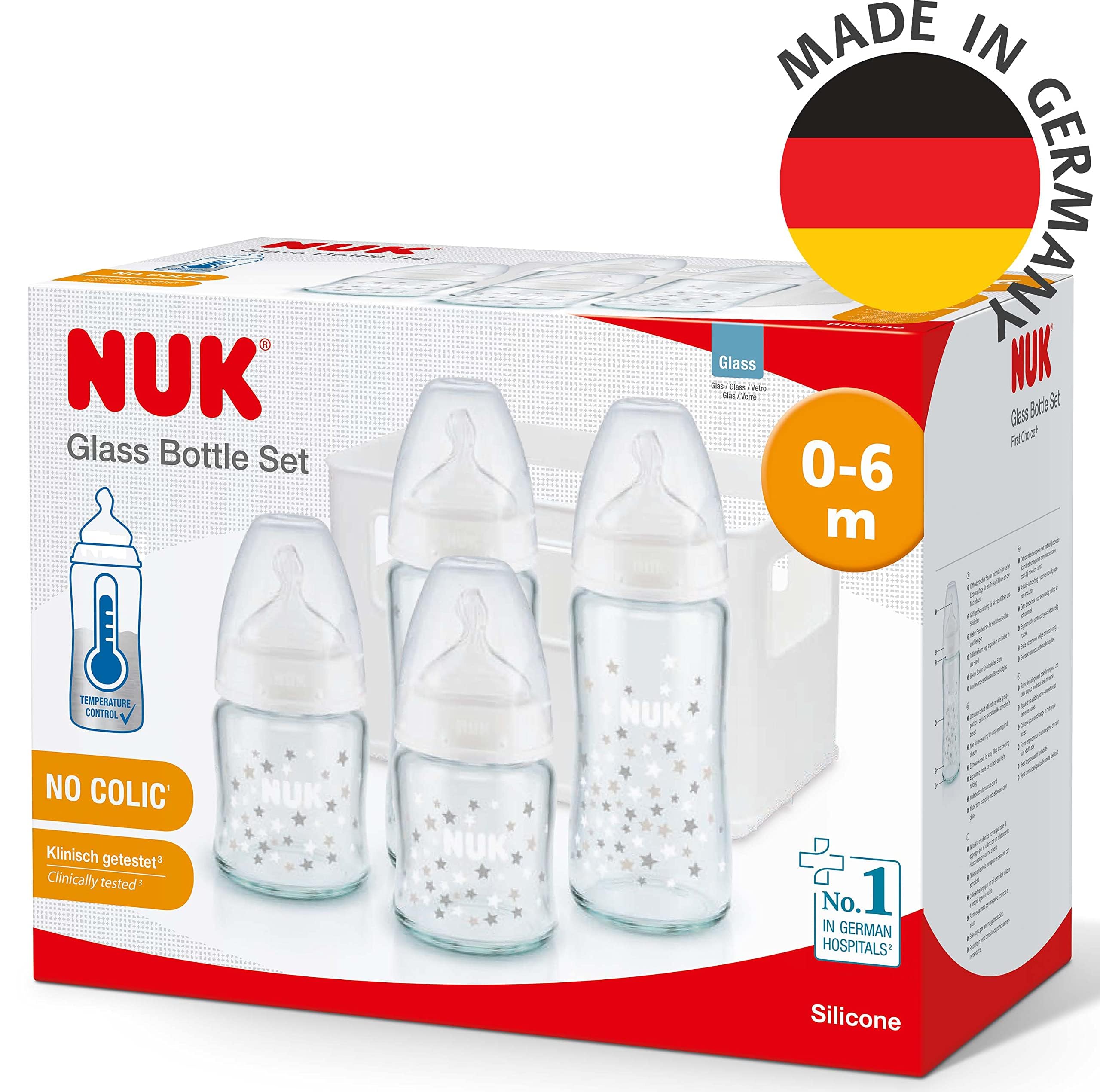 NUK First Choice+ Babyflaschen Starter Set aus Glas und Silikon | 0–6 Monate | 4 Flaschen mit Temperature Control & Flaschenbox | Anti-Colic Air System | BPA-frei | 5-teilig