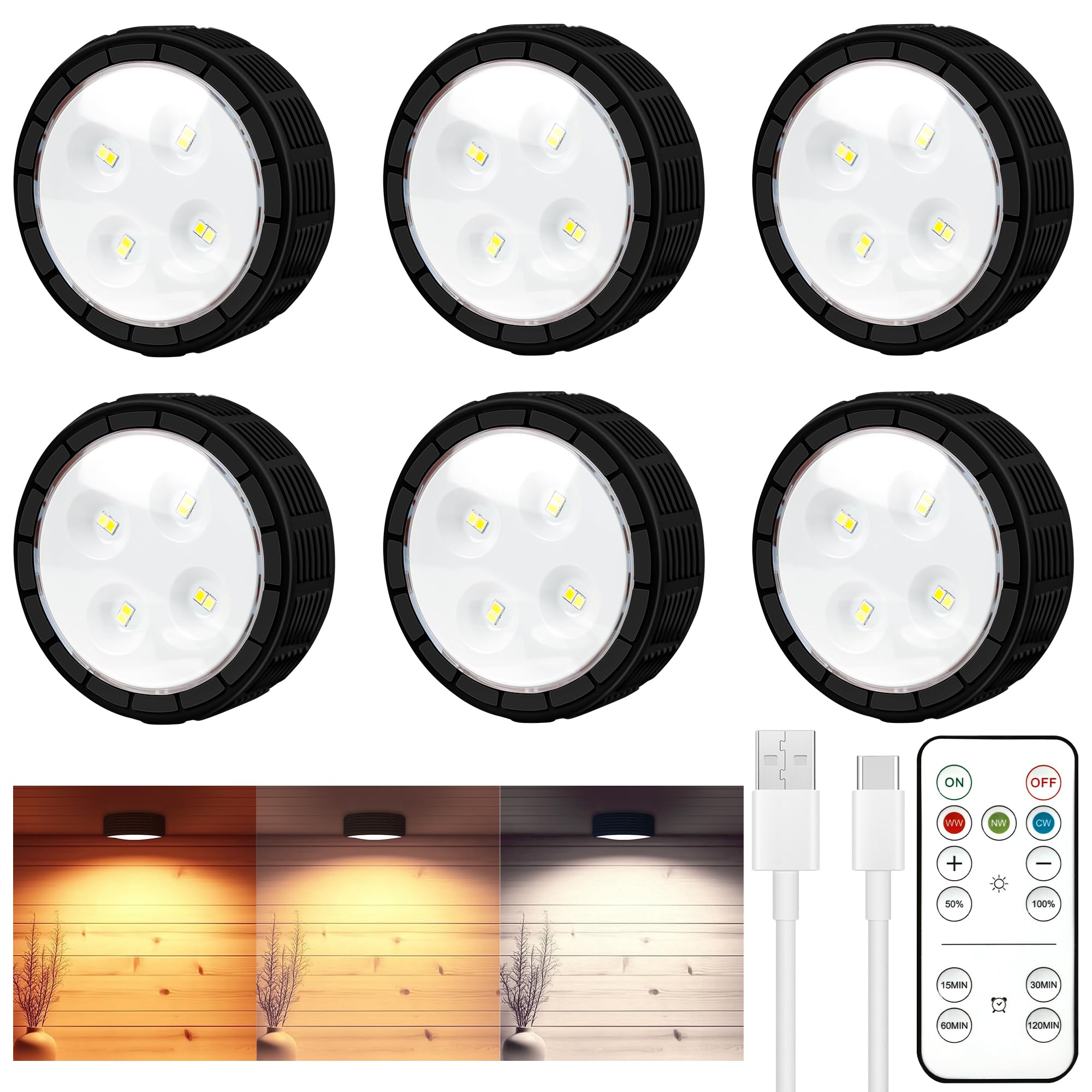 maylit 6 Pack Rechargeable Puck Lights, Wireless Under Cabinet Lighting with Remote, Battery Operated Stick on Light, 3 Color & Dimmable Magnetic Under Counter Light for Kitchen, Shelf, Display,Closet