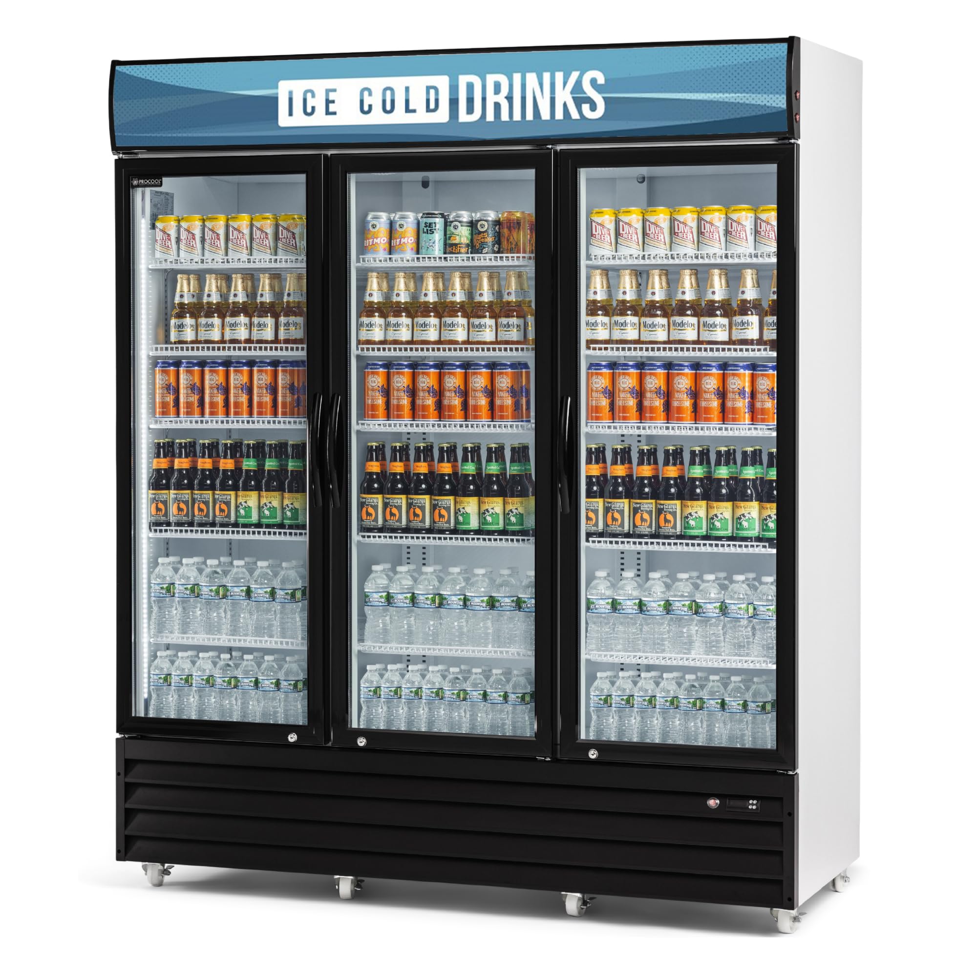 Procool White Display Refrigerator, 53 CuFt, 3 Door, Ice Cold Drinks Sign