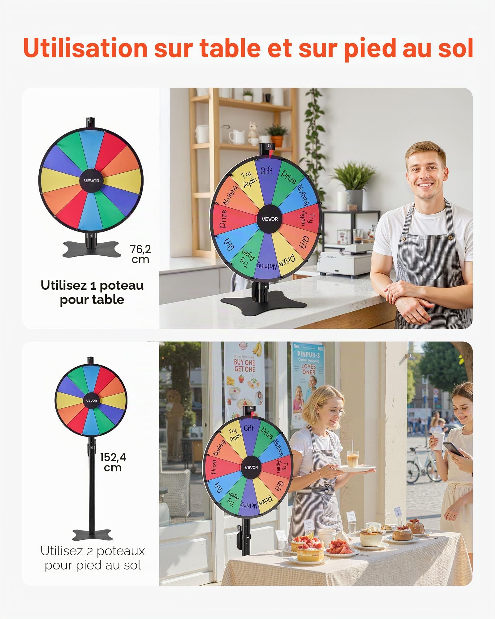 VEVOR Roue de Fortune, 610 mm, Roue de la Chance avec Support à Hauteur Réglable, 12 Secteurs en 6 Couleurs, Jeu pour Fêtes, Salons, Carnavals, Foires, avec Effaceur et 2 Marqueurs