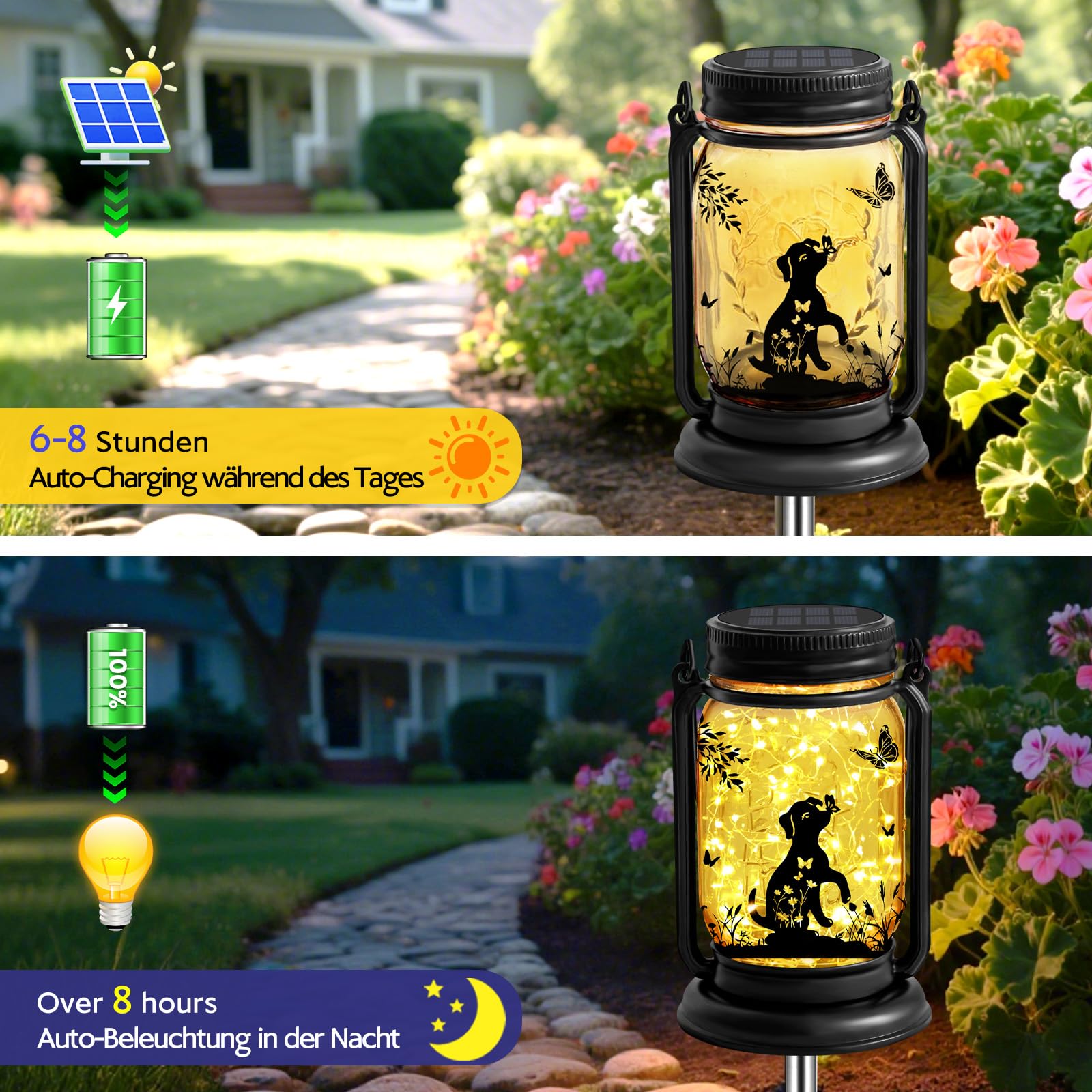 YJFWAL Hund Solar Outdoor Laternen wasserdicht, Hund für Frauen Mutter Weihnachten, 3-in-1 Maurer Glas hängende Laternen mit Stake, Garten Dekor Lichter für Patio Hof Veranda Rasen Balkon