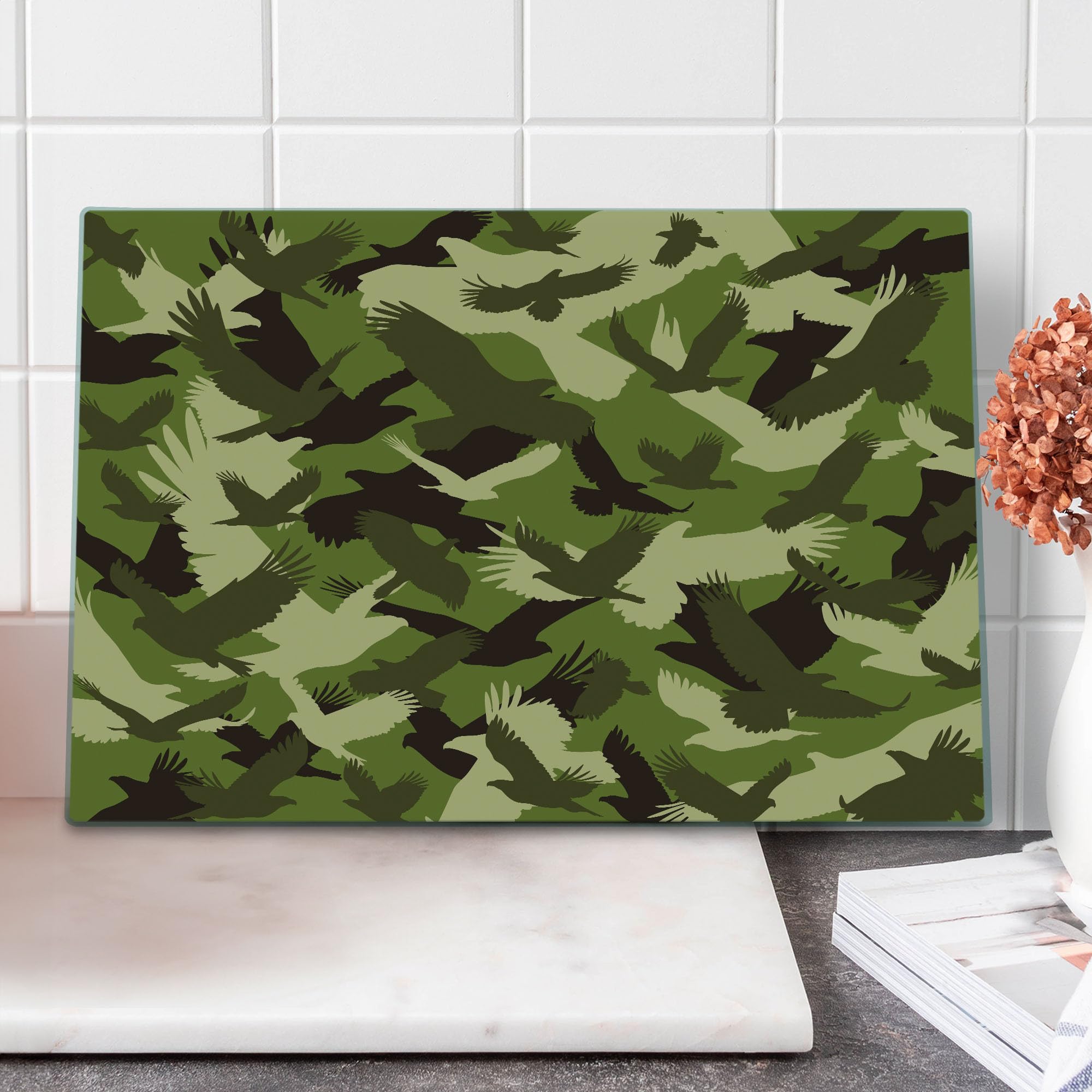 AmbesonneCamo Cutting Board, Eagle Silhouettes Flying Open Wings Falcon Hawk Armed Forces Theme, Decorative Tempered Glass Cutting and Serving Board, Large Size, Army Green Dark Brown Cream