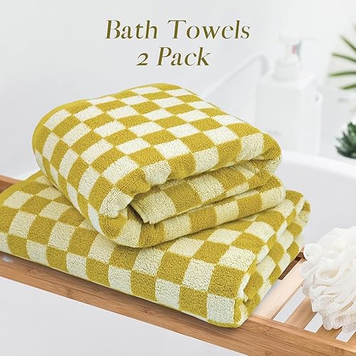 Miniatura 9 de Jacquotha Juego de 2 toallas de baño de lujo de 55 x 27.5 pulgadas, toalla de baño de algodón a cuadros verdes, toallas absorbentes de secado rápido