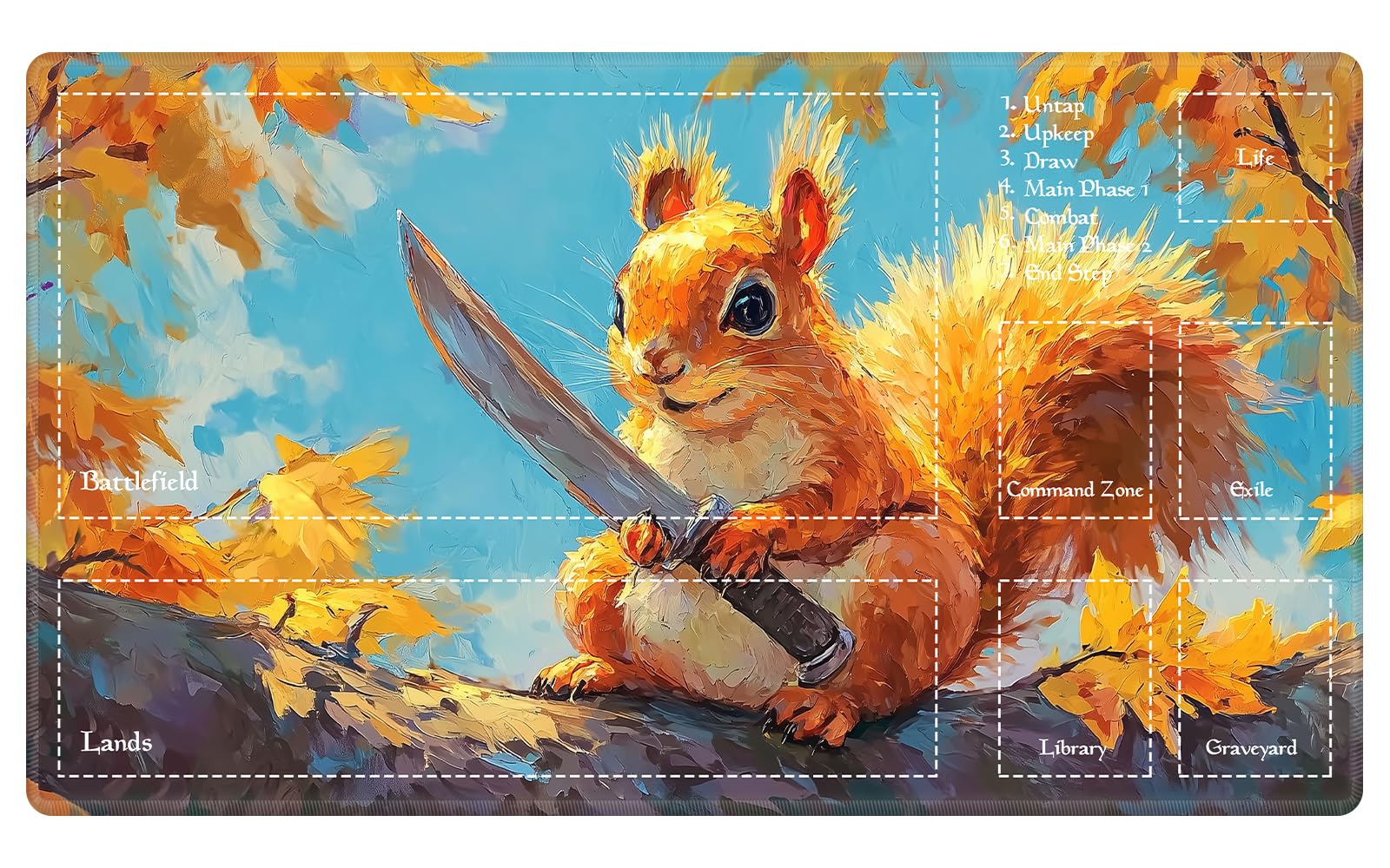 Autumn Warrior Squirrel MTG Playmat, EDGFRTOIO Cute Fantasy TCG Mat with Game Zones, Tabletop Magic Play Mats 24"x14" Non-Slip Rubber Base for Trading Card Games Battles