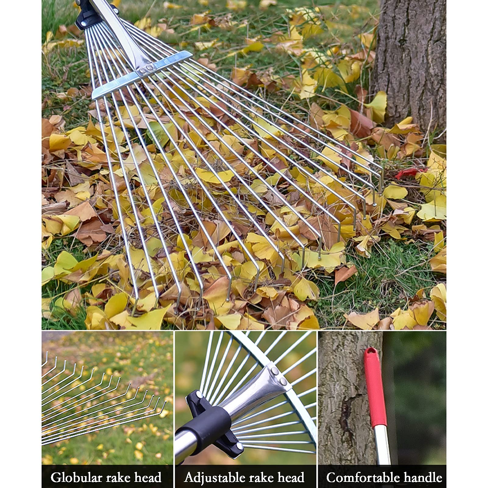 Râteau De Jardin Réglable 98-134 Cm - 25 Dents En Acier - Manche Télescopique - Pour Feuilles, Pelouse, Déchets Légers
