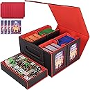 AFIING Commander Deck Box for MTG/EDH, Trading Card Storage Fits 400+ Double-Sleeved Cards, Display Window, 4 Removable Deck Cases, 8 Dividers, Dice Tray & Handle, 4 Toploader Holders (Black Red)