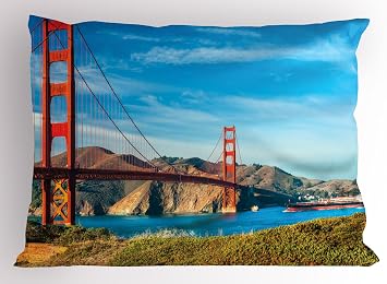 Ambesonne Landscape Pillow Sham, Golden Gate San Francisco Sunny Summer Day Ocean Stones Touristic, Decorative Standard King Size Printed Pillowcase, 36" X 20", Pale Blue Orange Green