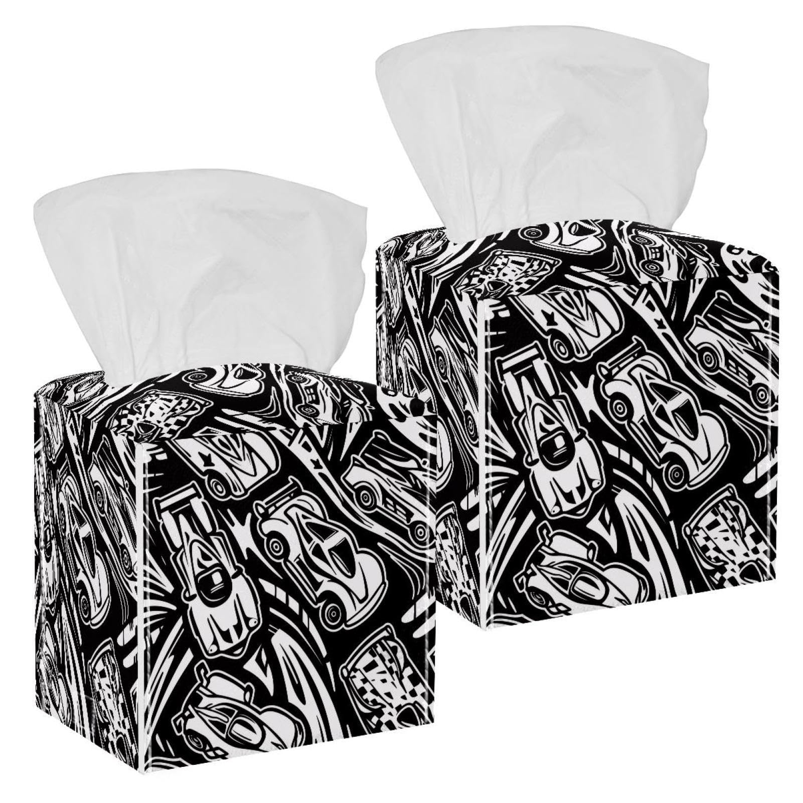 Racing Doodle Tissue Box Cover, 2 Pack PU Leather Square Facial Tissue Dispenser Box holder for Home Office Car